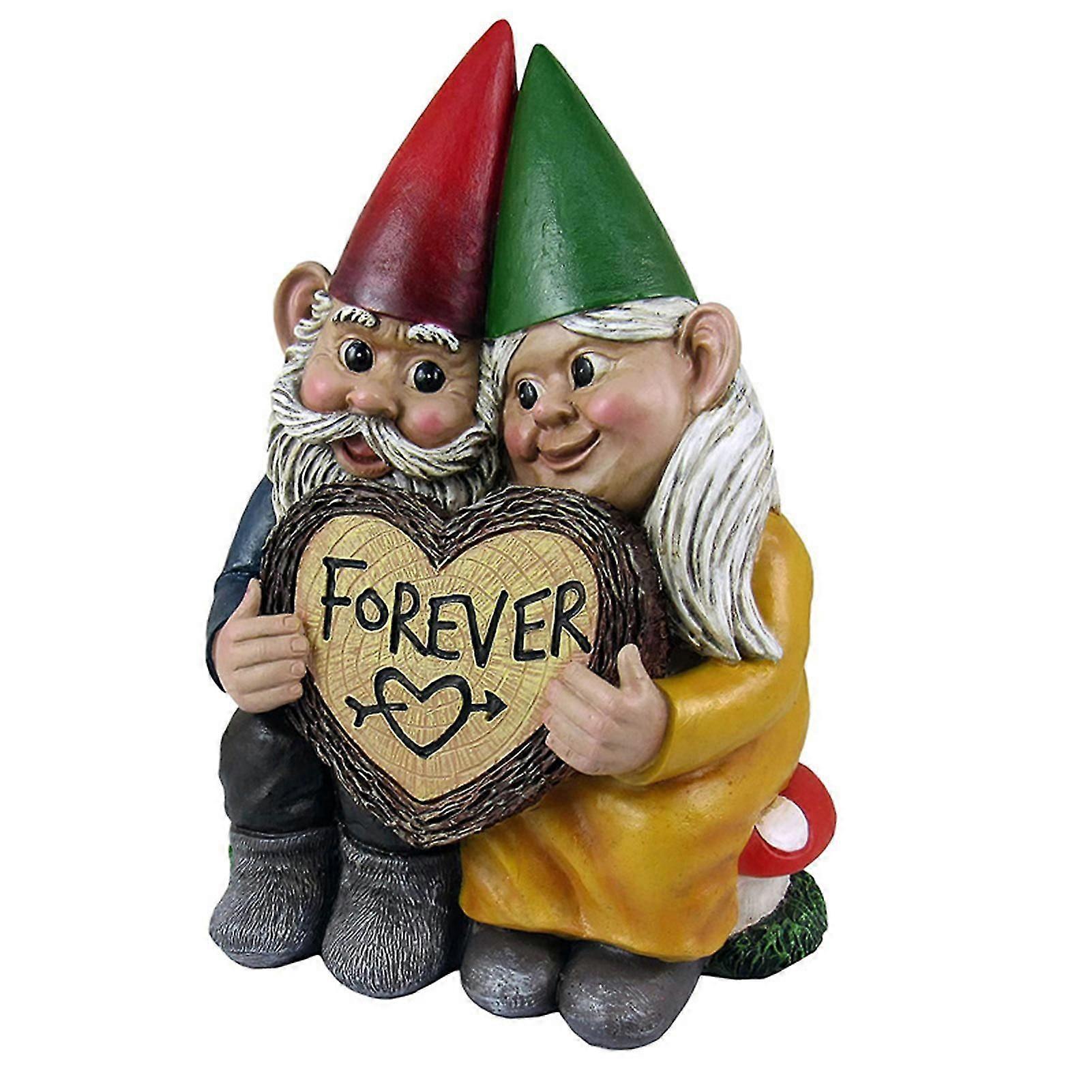 Couple in Love Dwarf Statue with Heart-Shaped Forever Wood Slice Resin Garden Ornaments For Yard