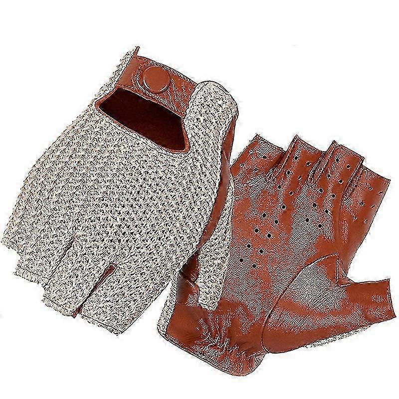2025 Men Genuine Goatskin Leather Gloves Half Finger Hook-loop