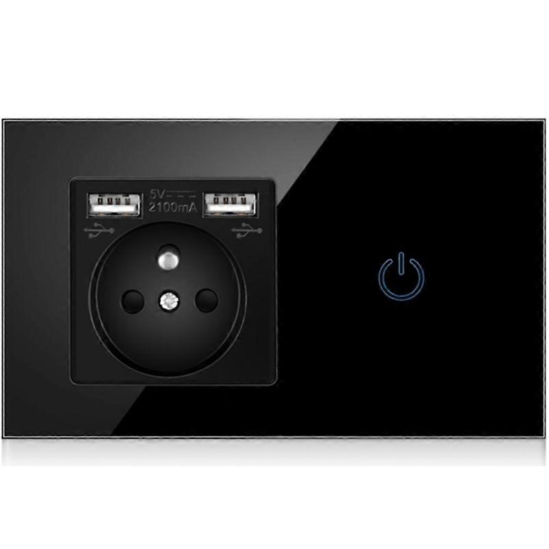 EU Power Outlet Socket With 2 USB Black Glass Panel Touch Light Switch French Wall Electrical Socket 100V~250V
