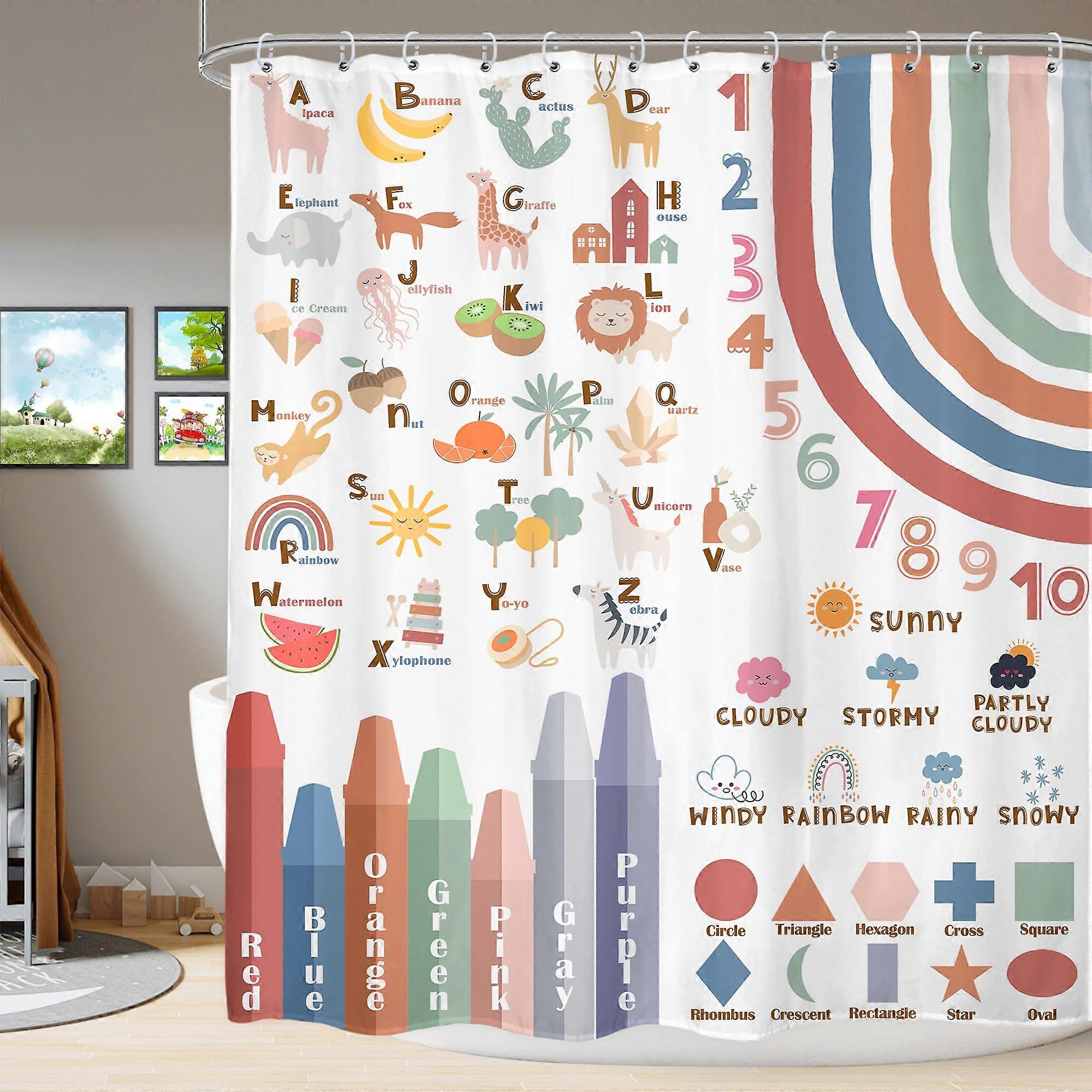Educational Kids Rainbow Cartoon Alphabet Number Color Weather Shapes Learning Shower Curtain for Nursery Bathroom Fabric Polyester Set with Hooks