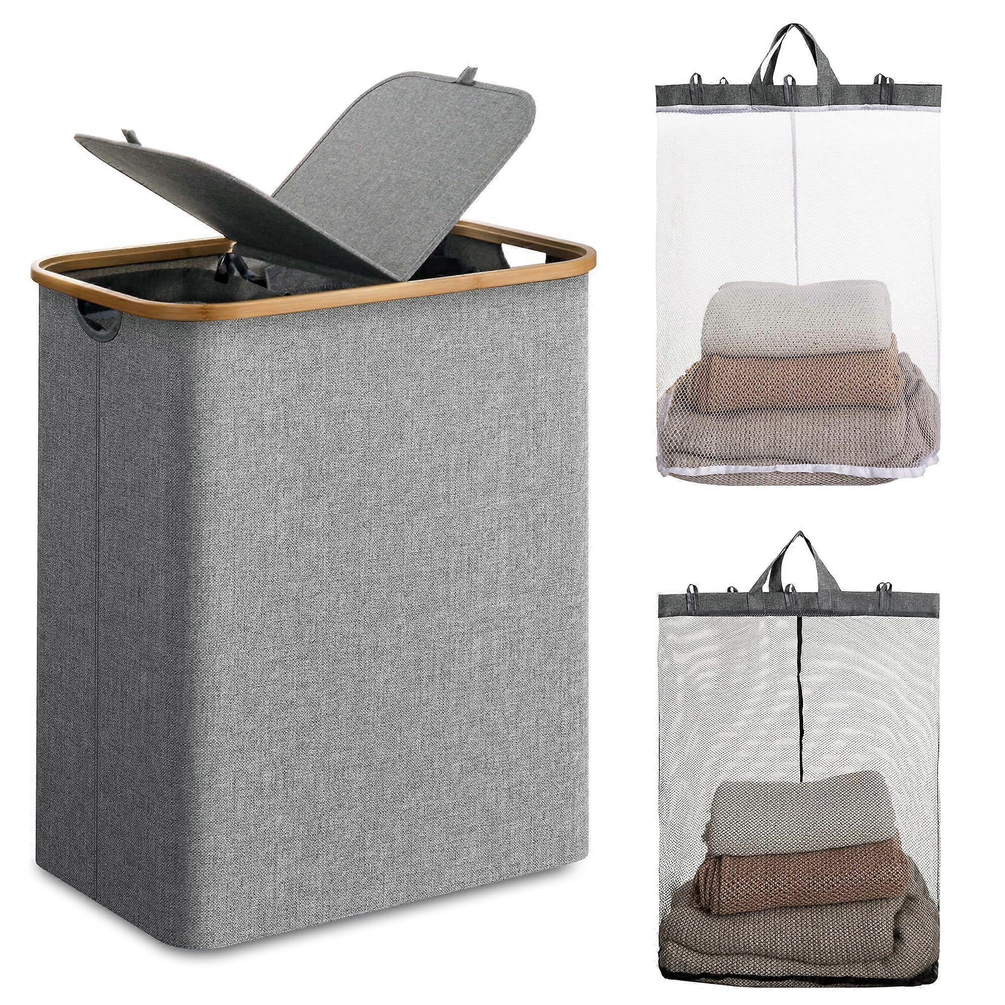 Joy 140L Large Double Laundry Basket with Removable Gray Bags and Bamboo Handle, Stylish Storage Solution