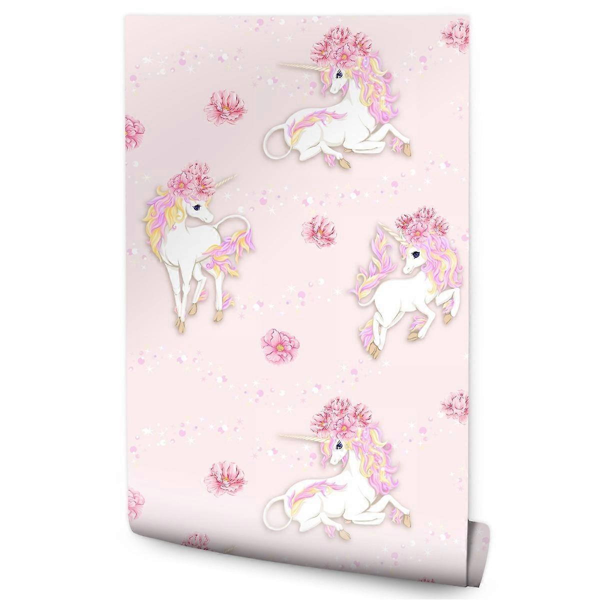 Tapete für ein Mädchen Schöne Einhörner Blumen Märchen