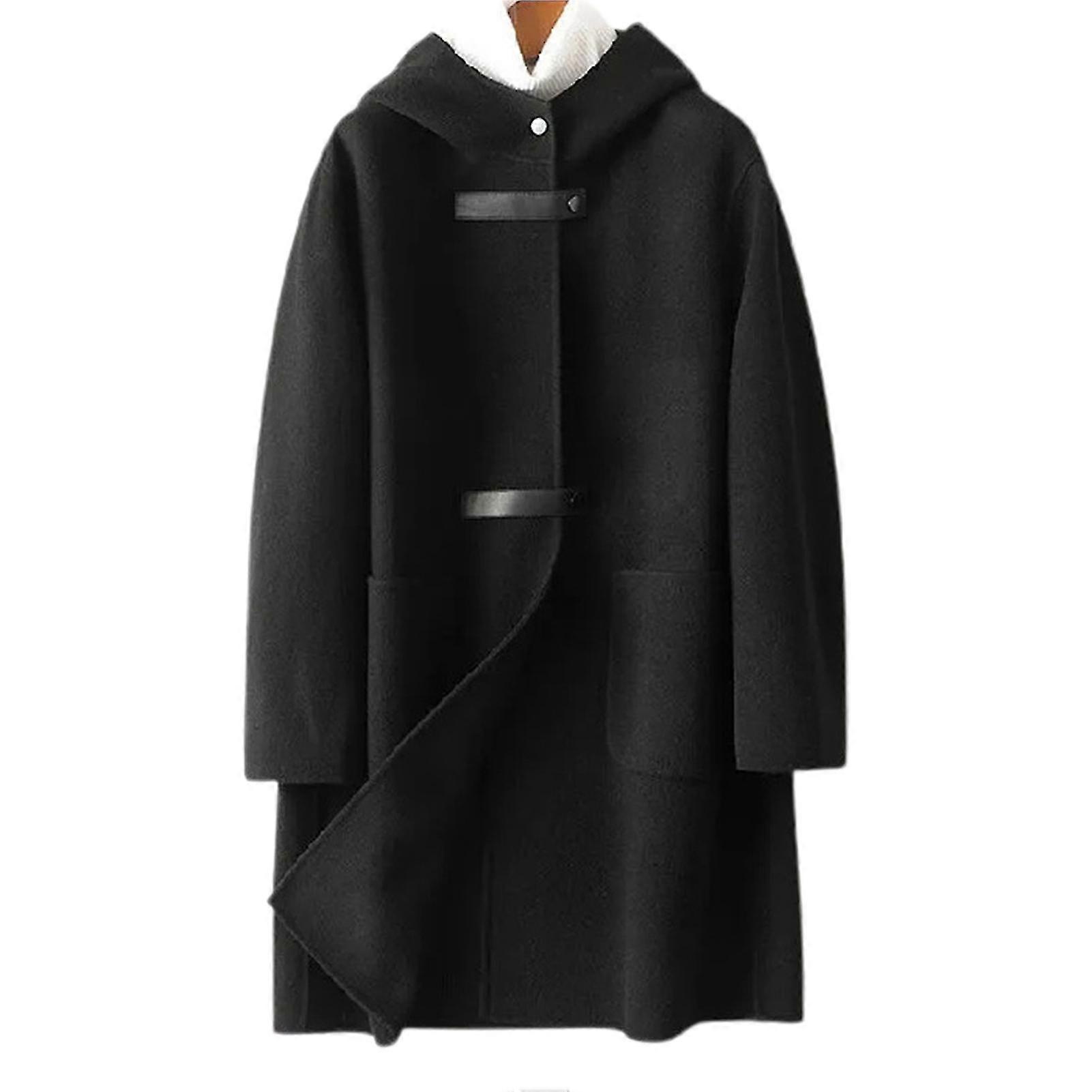 Ladies' Long-Sleeve Single-Breasted Hooded Solid Color Coats with Pockets for Warmth Large Size Cashmere Wool Overcoat