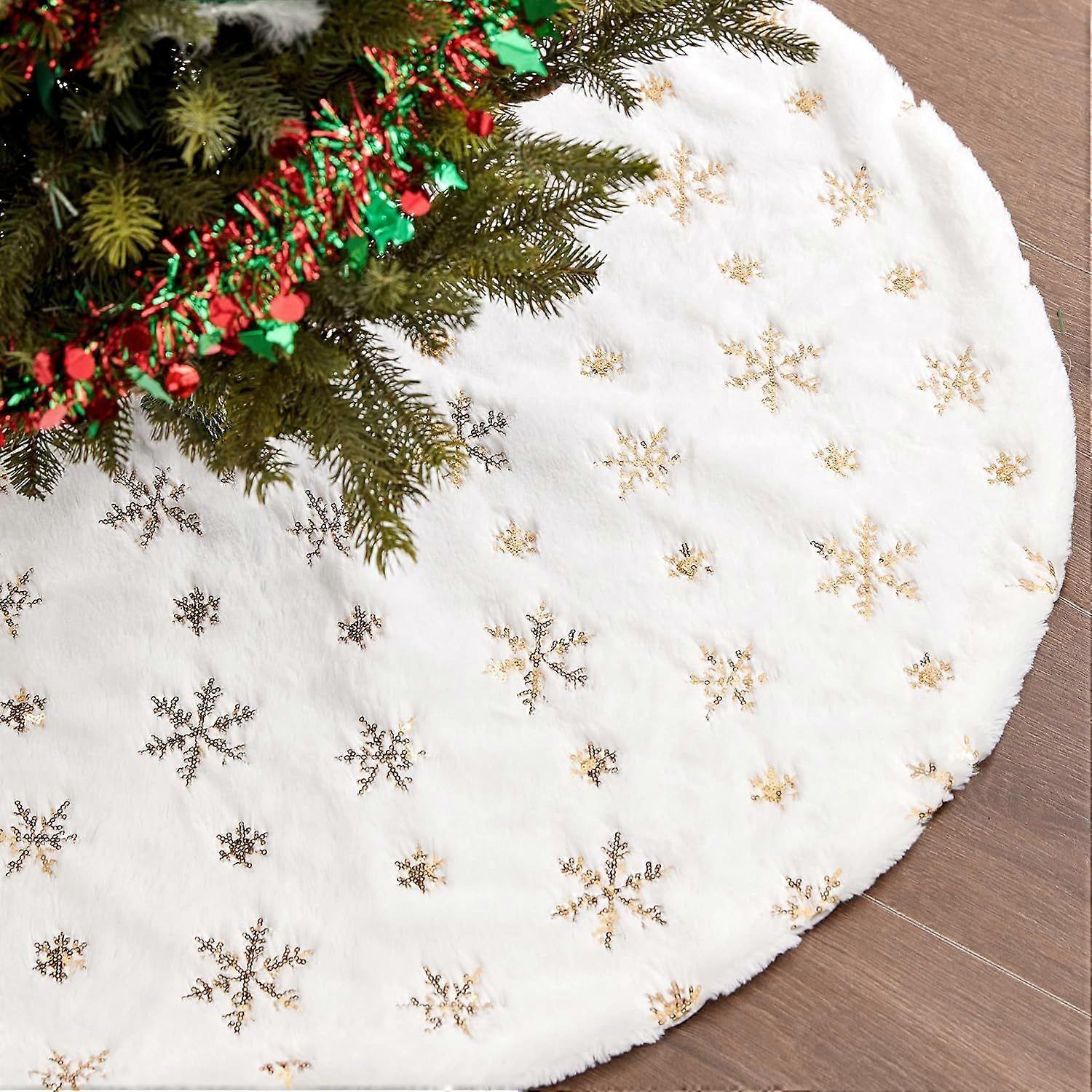 White Christmas Tree Skirt with Snowflake Design - Gold Embroidered Sequin Print, 90cm Plush Faux Fur Christmas Tree Skirt, Xmas Tree Base Cover, Holi