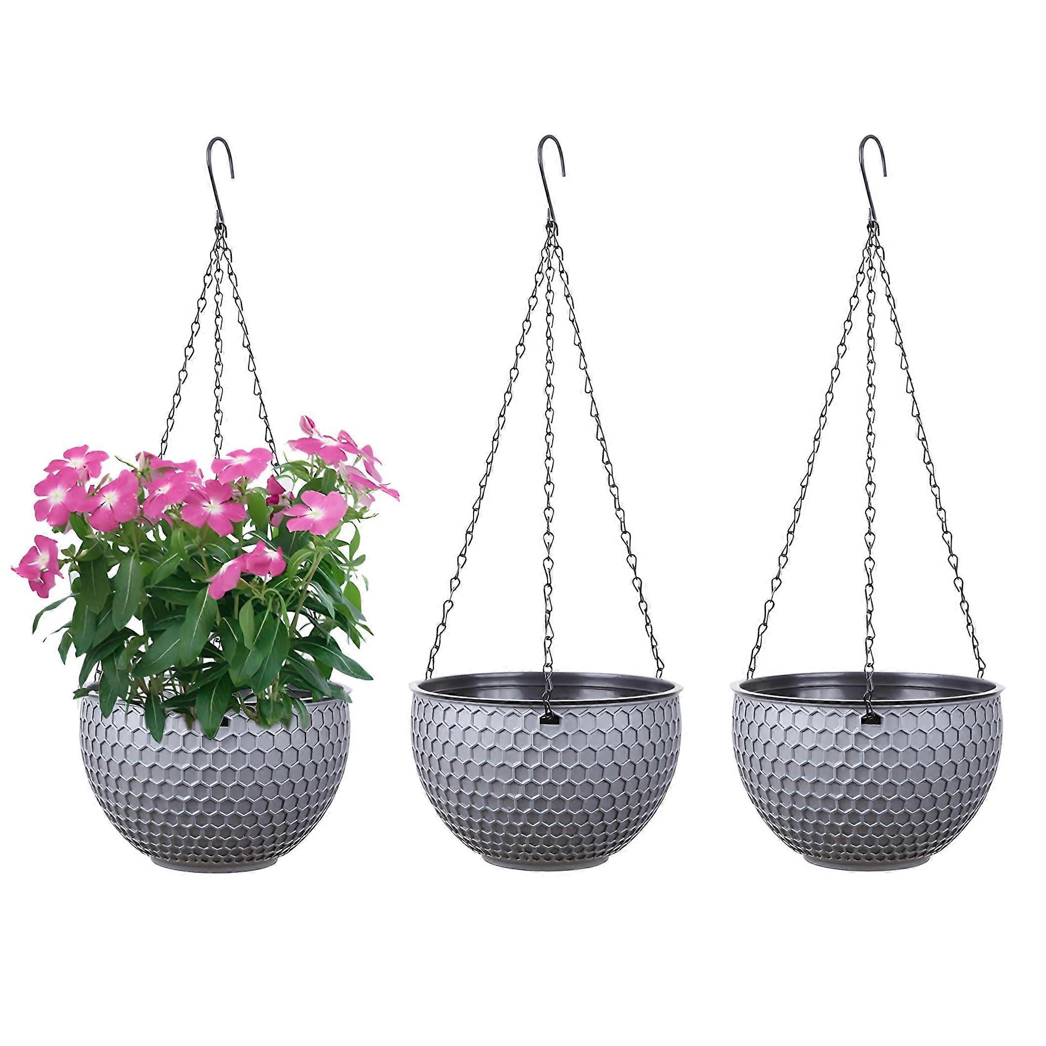 Hanging Flower Pots Set of 3, SelfWatering with Rustproof Cha for Indoor Outdoor Darkgray M (21 cm)