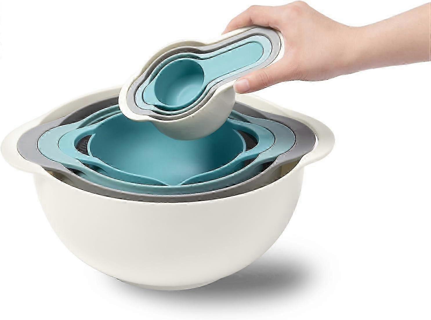 Mixing Bowl Set of 8- Nesting Plastic Mixing Bowls BPA Free Includes 1 Colander,1 Sieve,2 Mixing Bowls,4 Measuring Cups