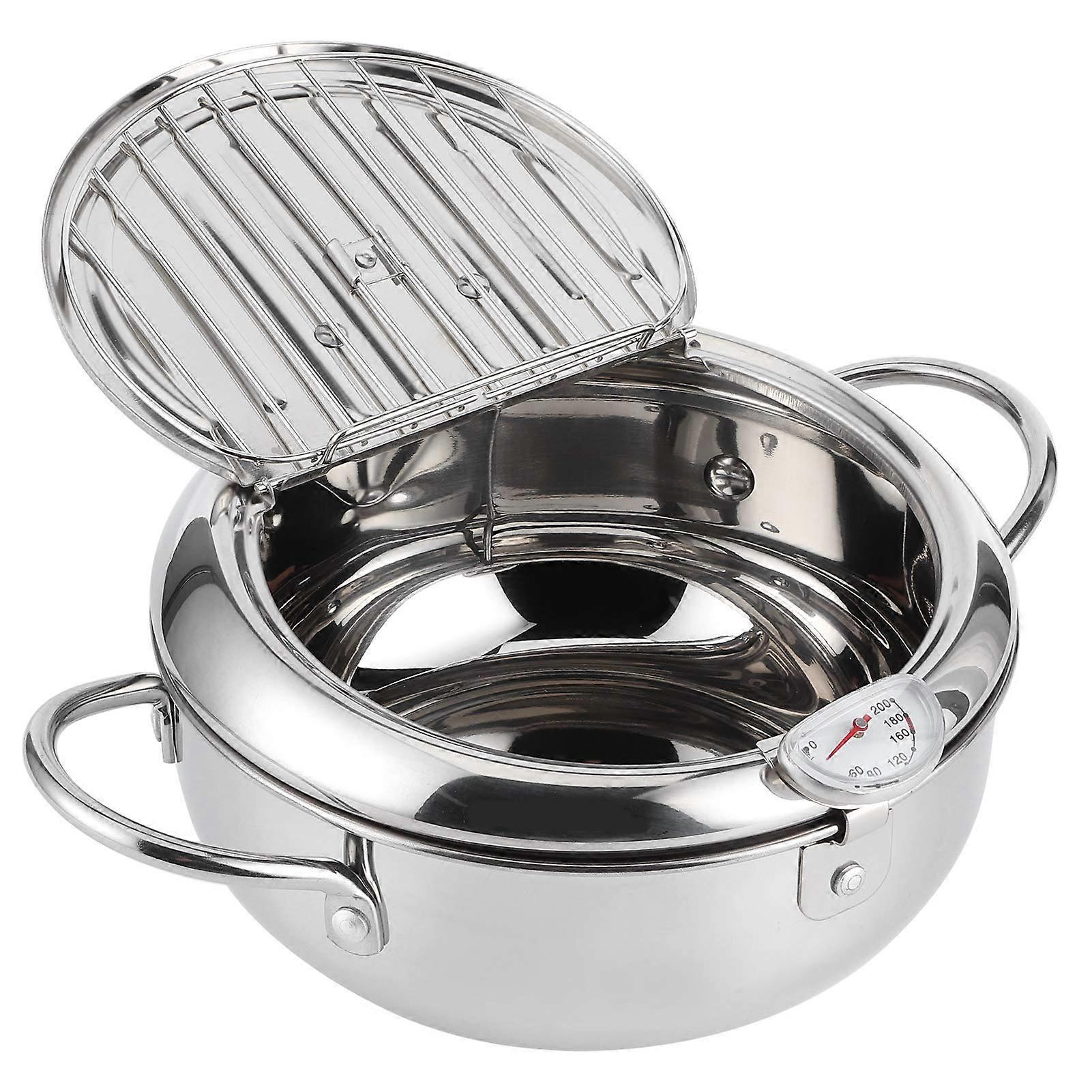 Deep Frying Pot, Frying Pot with Strainer, Japanese Fryer Pot, Japanese Tempura Fryer Pot with Thermometer, Drainer for French Fries, Shrimp