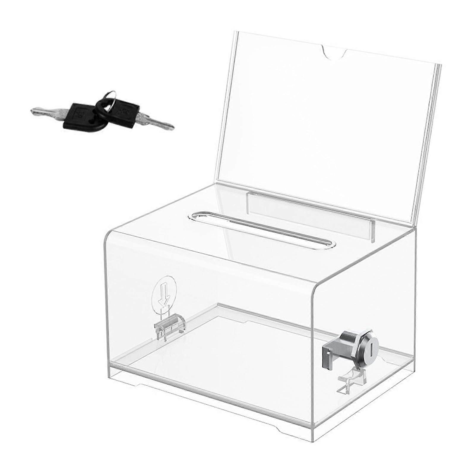 Lockable Donation Box with Key Lock, Acrylic Transparent Ballot Box for Business Cards, Votes, and Sweepstakes, Includes Sticker
