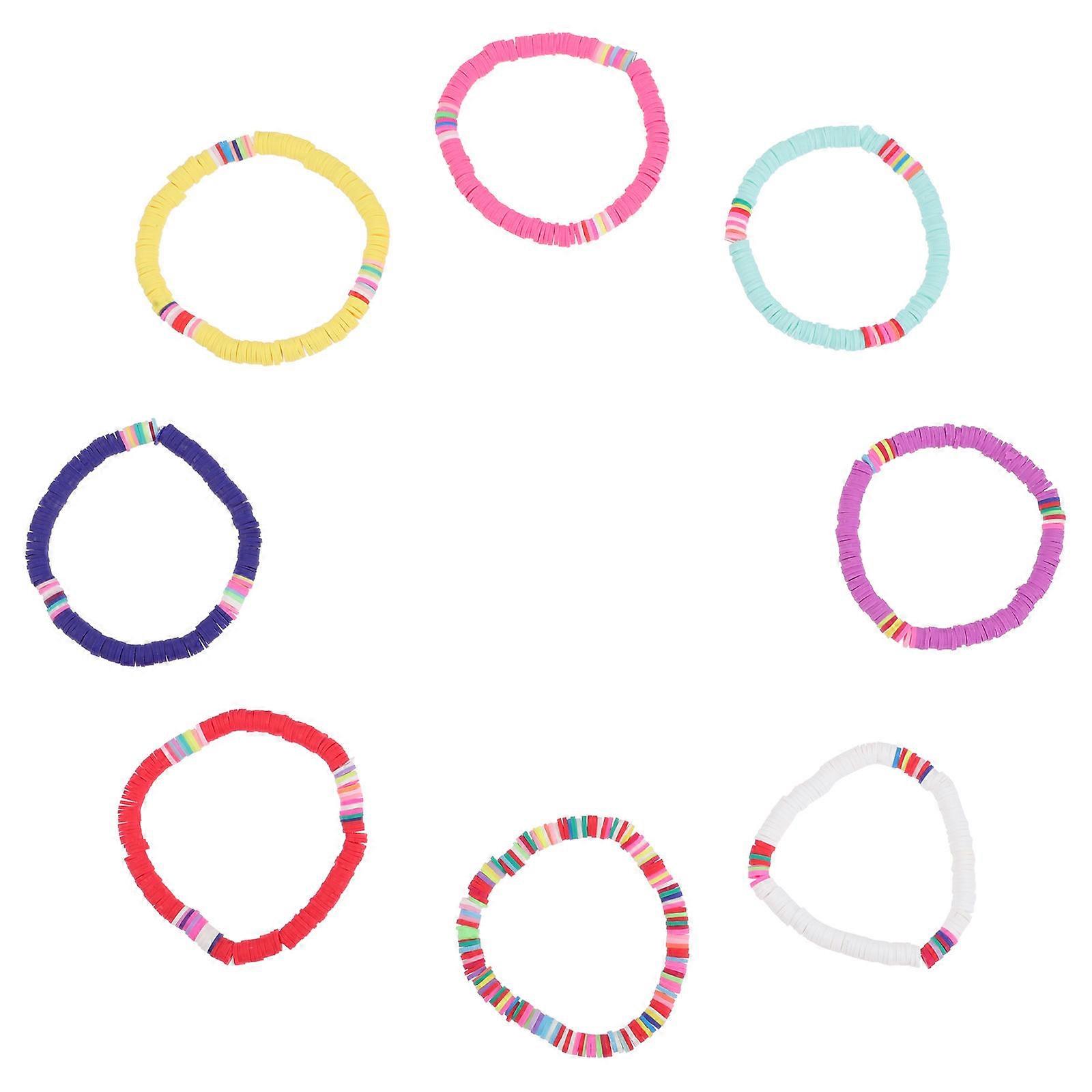 8pcs Summer Clay Bead Bracelets for Women – Colorful Elastic Stackable Polymer Jewelry, Durable and Skin Friendly