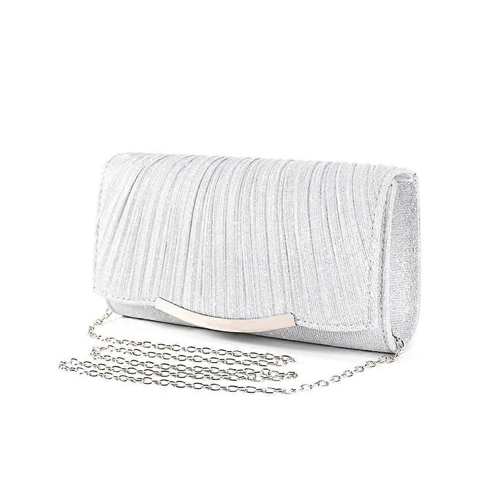 Clutch Evening Bag for Women Silver Glitter Sequins Pleated Design with Removable Chain for Wedding Cocktail Party Dance Gifts