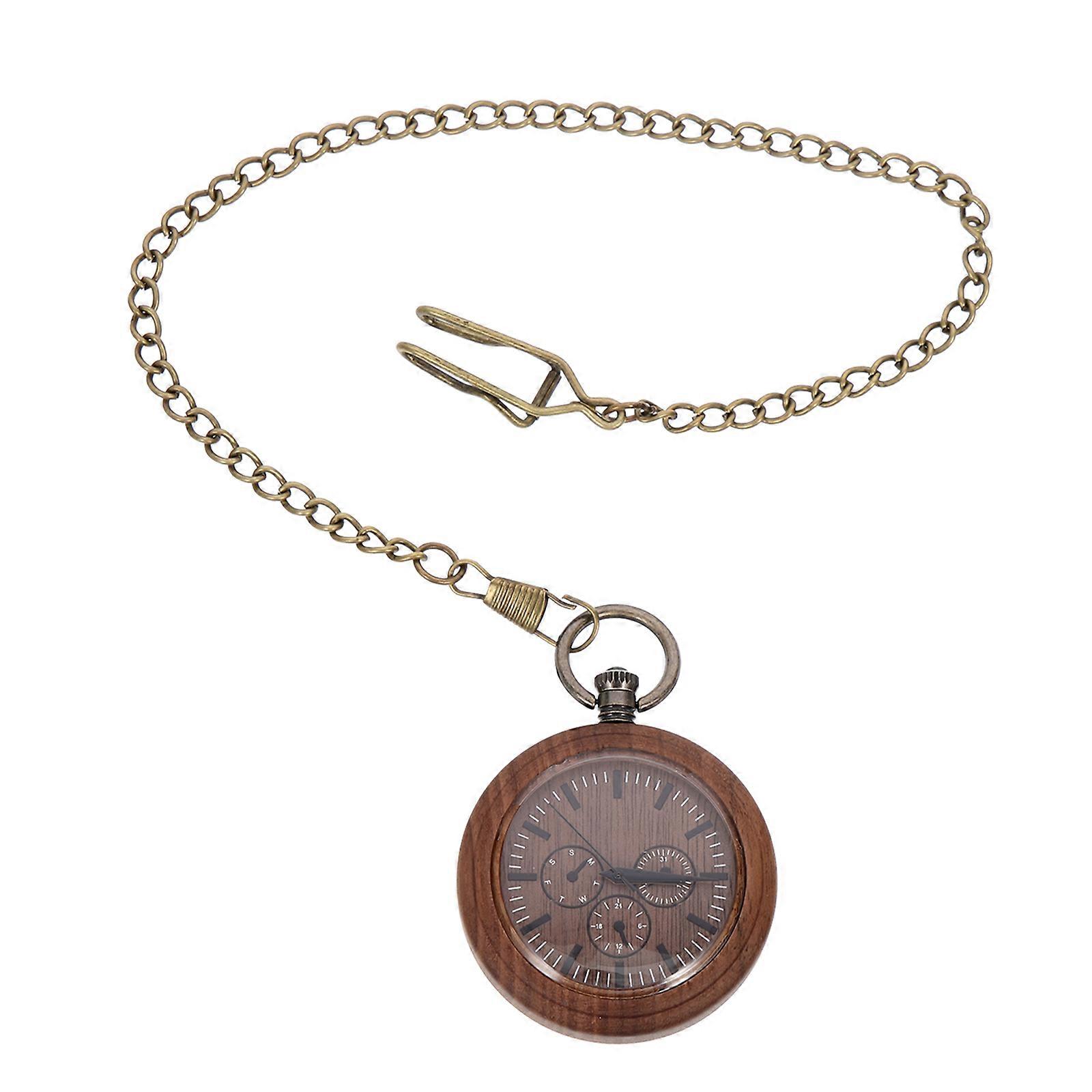 Retro Lightweight Wooden Pocket Watch with Chain – Vintage Hanging Timepiece for Men, Easy Read Dial, Classic Walnut Design