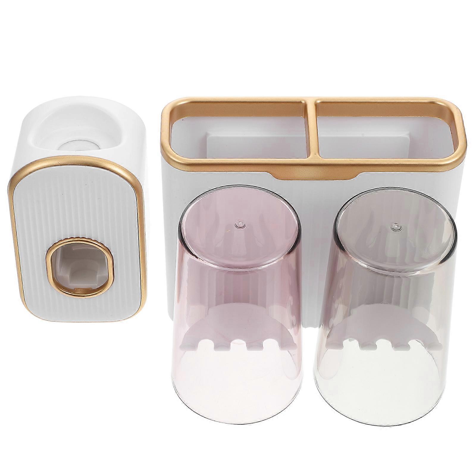 Wall Mounted Toiletries Rack with Toothbrush Holder and Toothpaste Dispenser in White ABS 1 Set