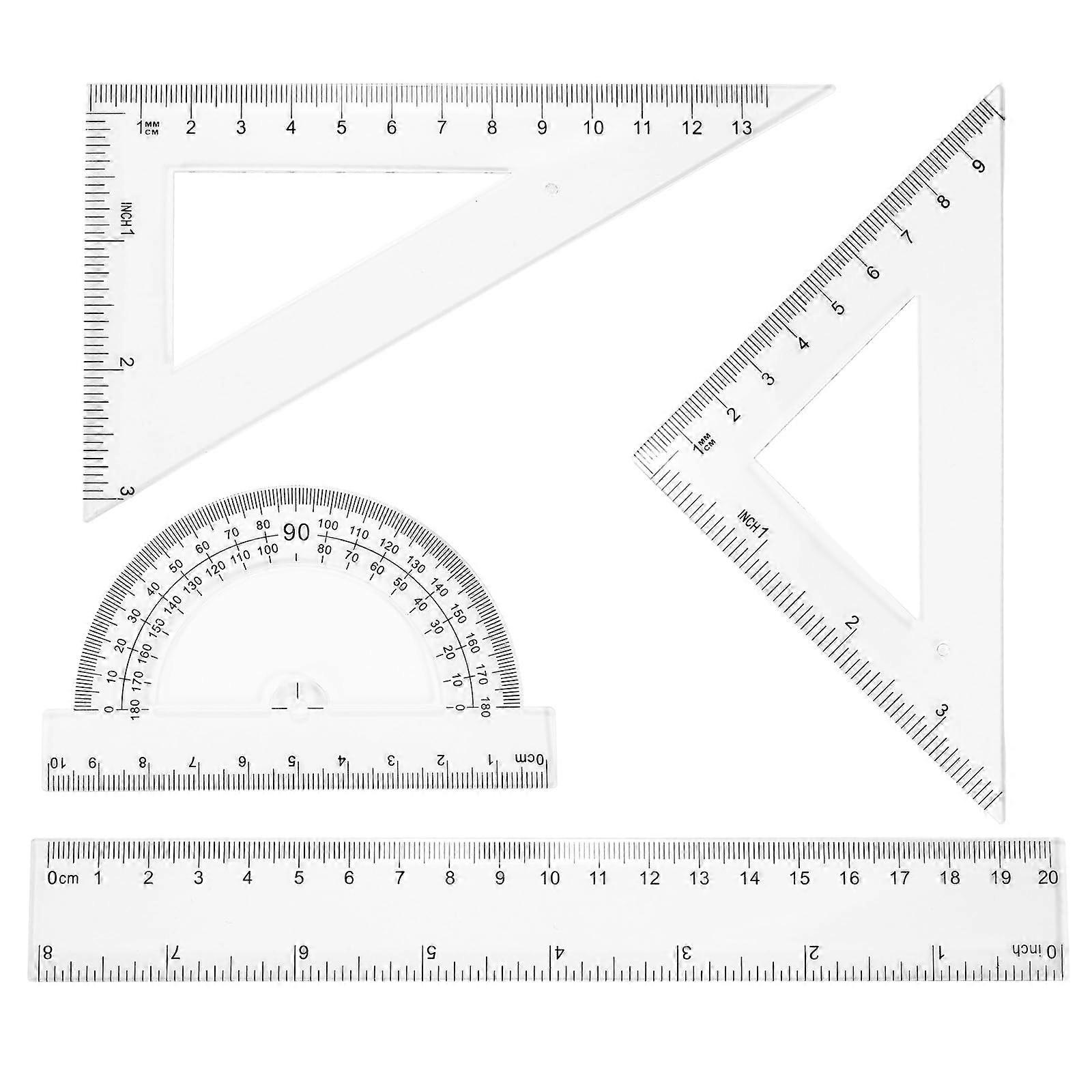 Triangular ruler set, 20 cm, plastic, metric, inch, geometric protractor, triangle, engineer scale, drafting ruler, set for office, home, 4 pieces.