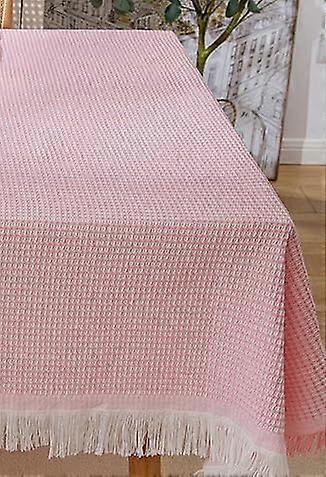 Cotton Linen Tablecloth, Rectangle Tablecloth For Coffee Tables, Tassel Lace Edge, 180 x 300 cm, Waffle Pink