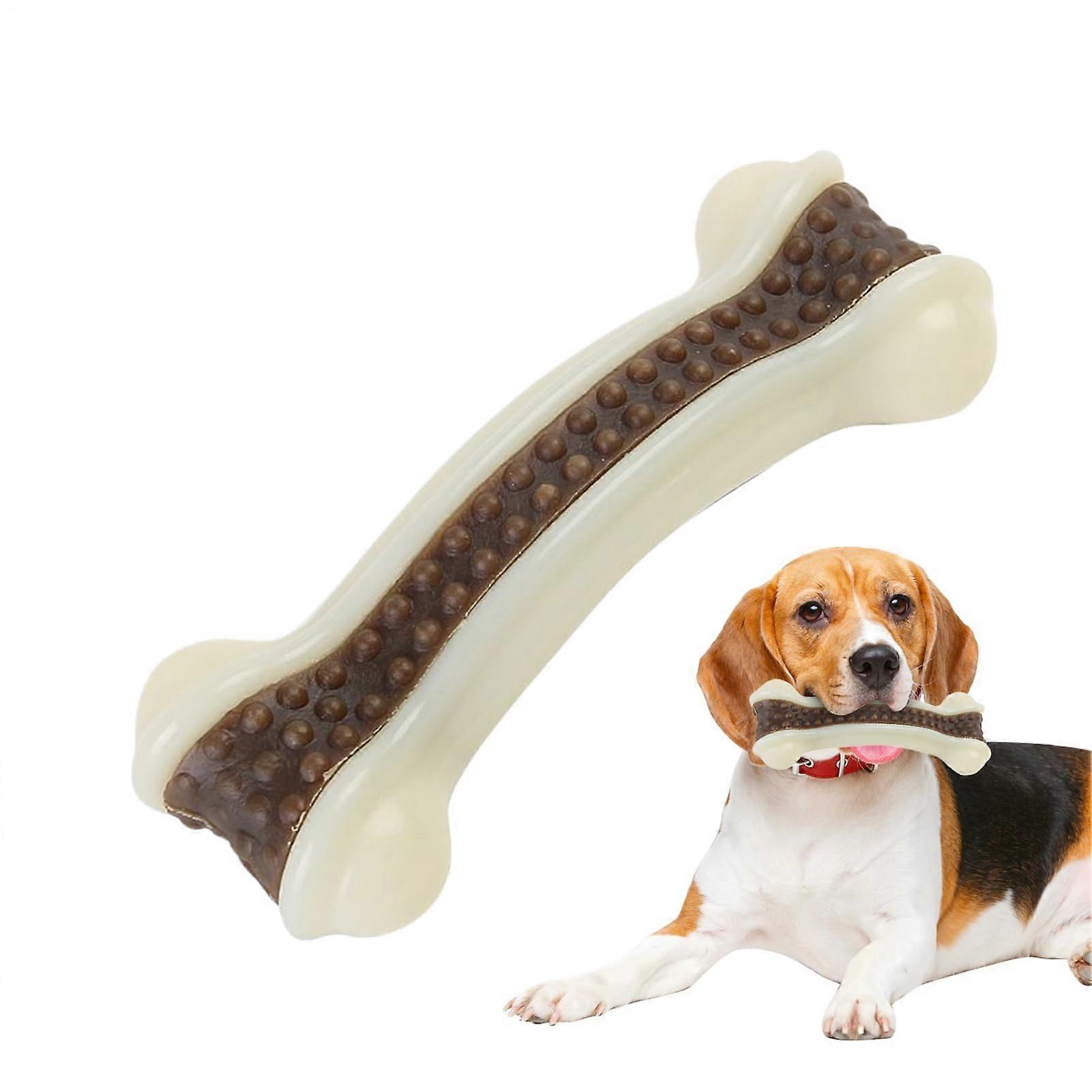 Dog bone chew toy, pet chew toy, interactive, durable nylon and leather, 10.4 x 3.9 cm, small.