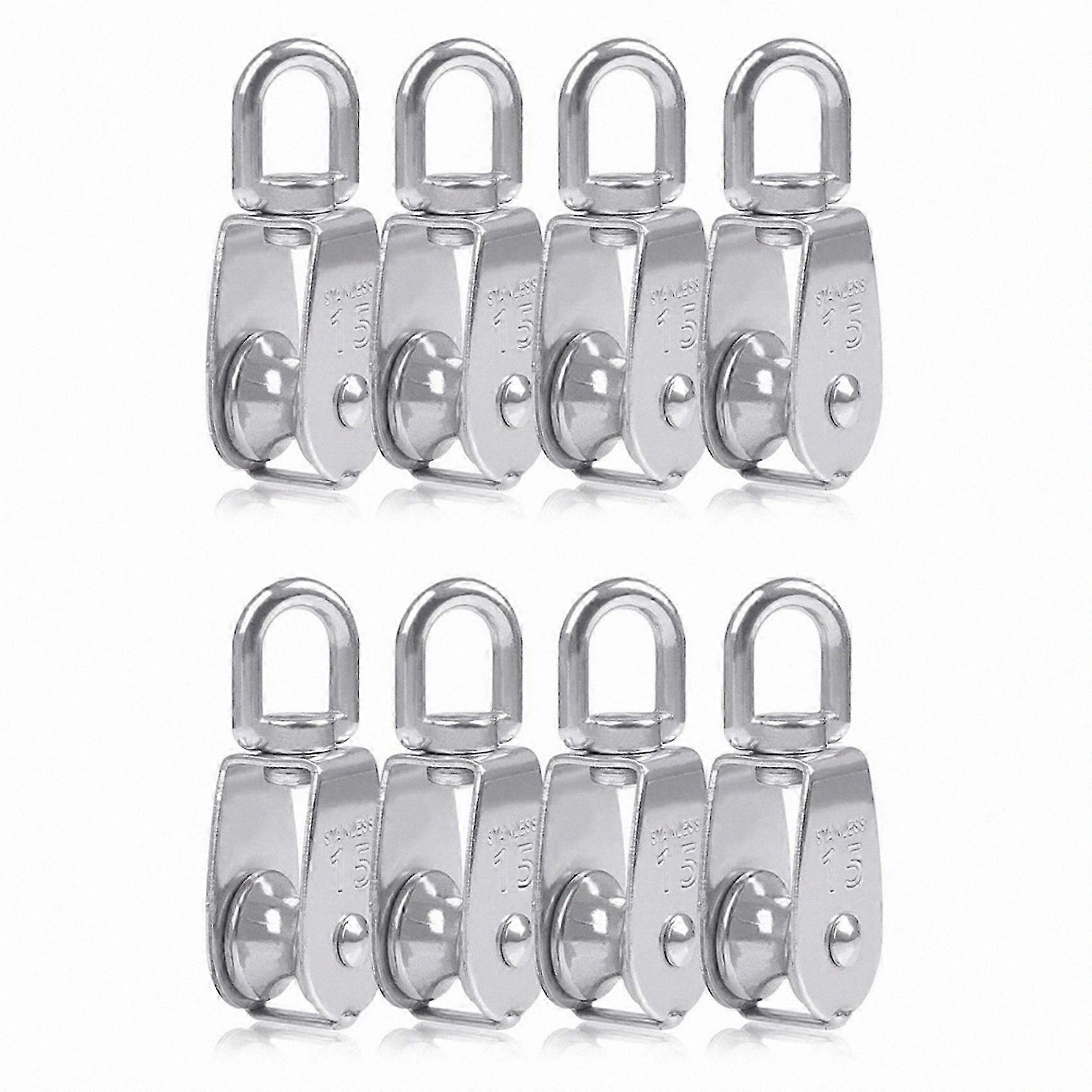 8PCS Single Pulley Block M15 Stainless Steel Small Pulley Roller for Rope Cord in Swivel Silver Pu