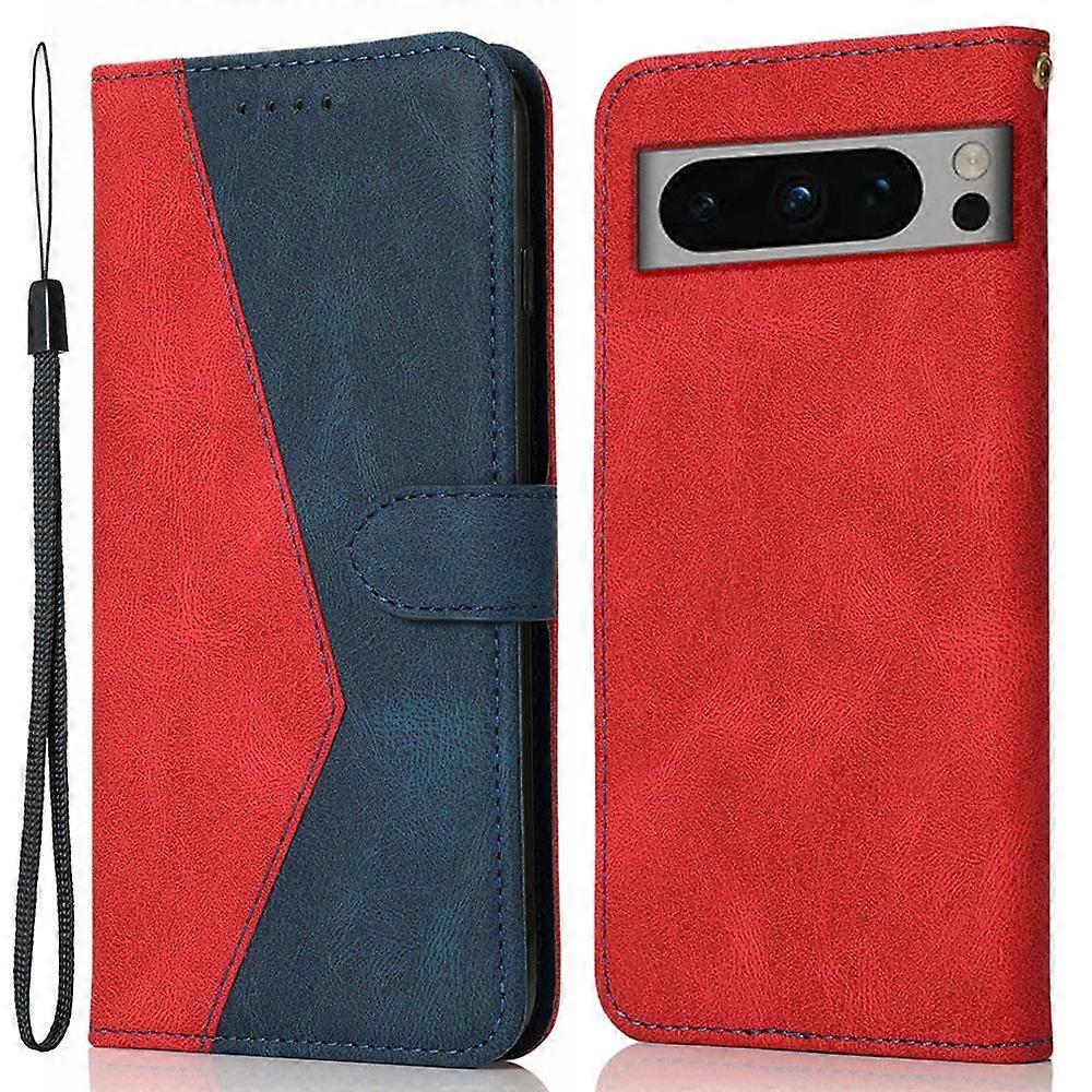 For Google Pixel 8 Pro Splicing PU Leather Wallet Case Flip Stand Phone Cover - Red+Blue