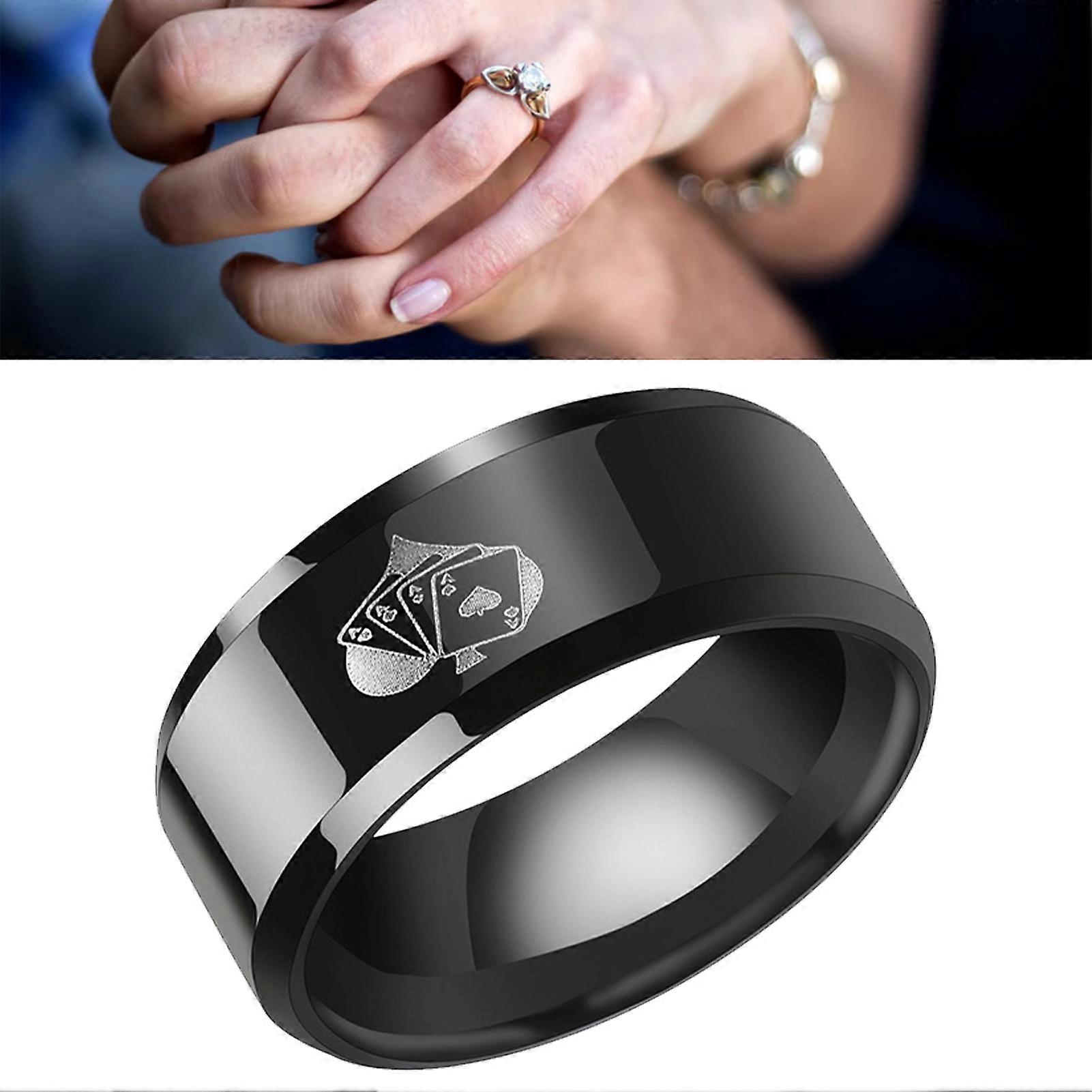 Men's Black Stainless Steel Card Pattern Ring, 18mm Diameter