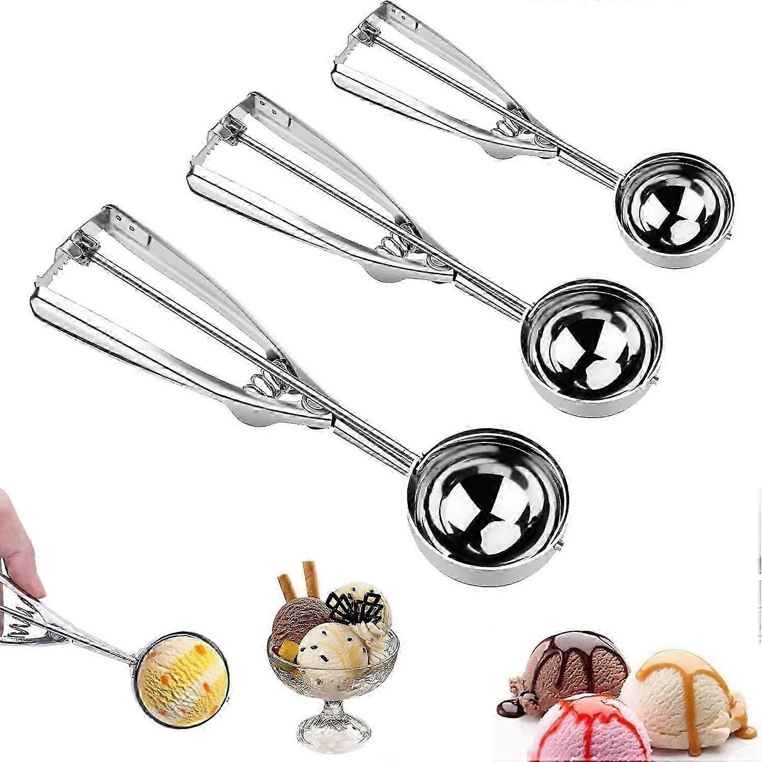 3 Pieces Ice Cream Scoop Stainless Steel Ice Cream Scoop Ice Cream Scoop with Trigger for Melon Ball Pastry Cookies, 4/5/6CM -HK908