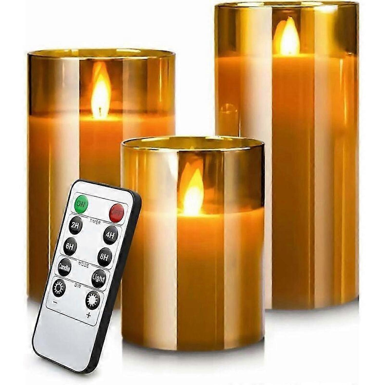 3 LED vlamloze kaarsen, elektrische stompkaarsen in goudkleurig glas LED flikkerende vlam, op batterijen werkende kaarsen met afstandsbediening en timer
