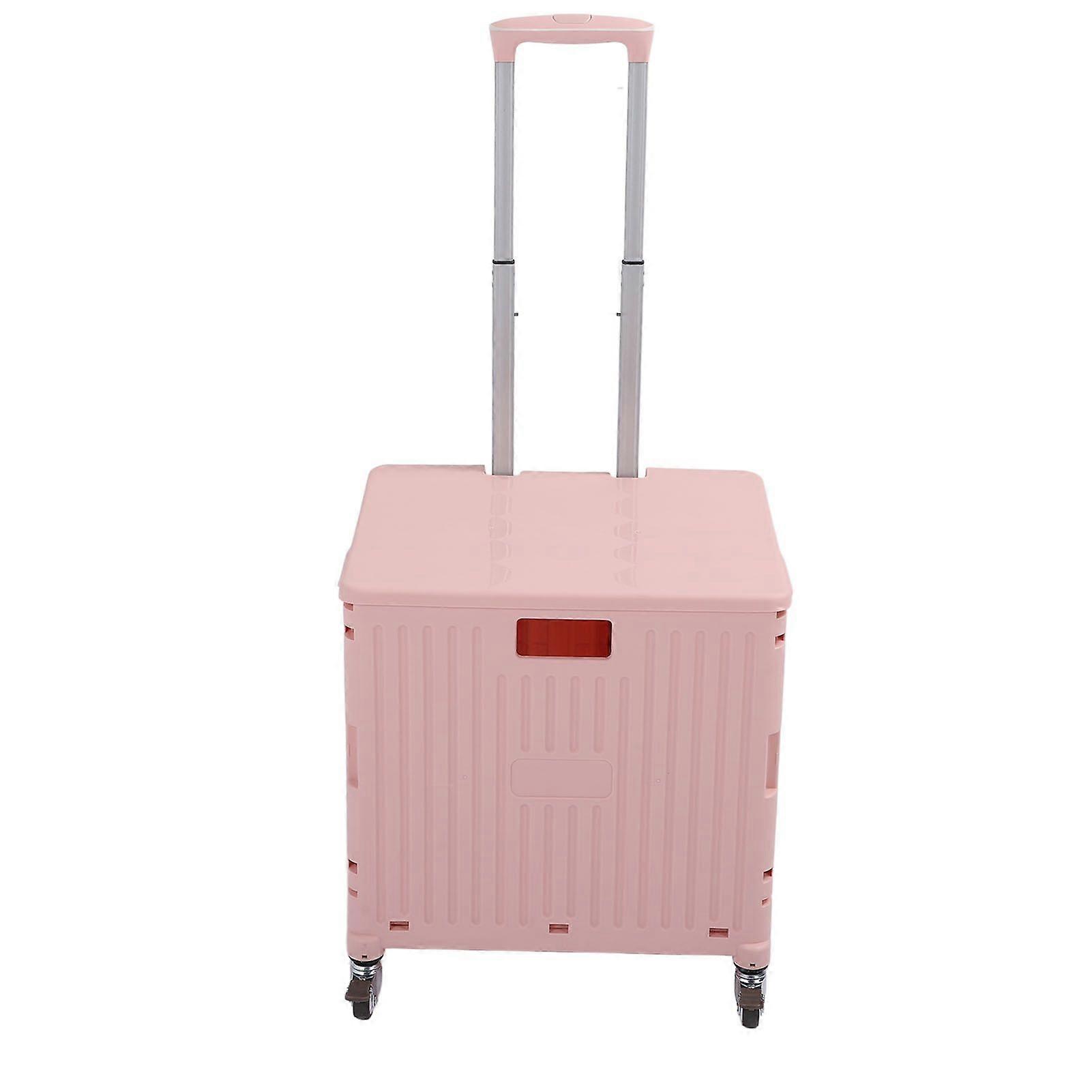 Collapsible Utility Cart Rolling Crate Swivel Casters PP Strong with Telescopic Handle Lid Storage Cart for Shopping Pink