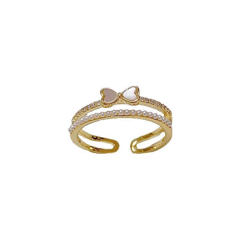 Adjustable Index Finger Ring, Double Layer Pearl Zircon Bowknot, Minimalist Open Design, Elegant Sweet Style