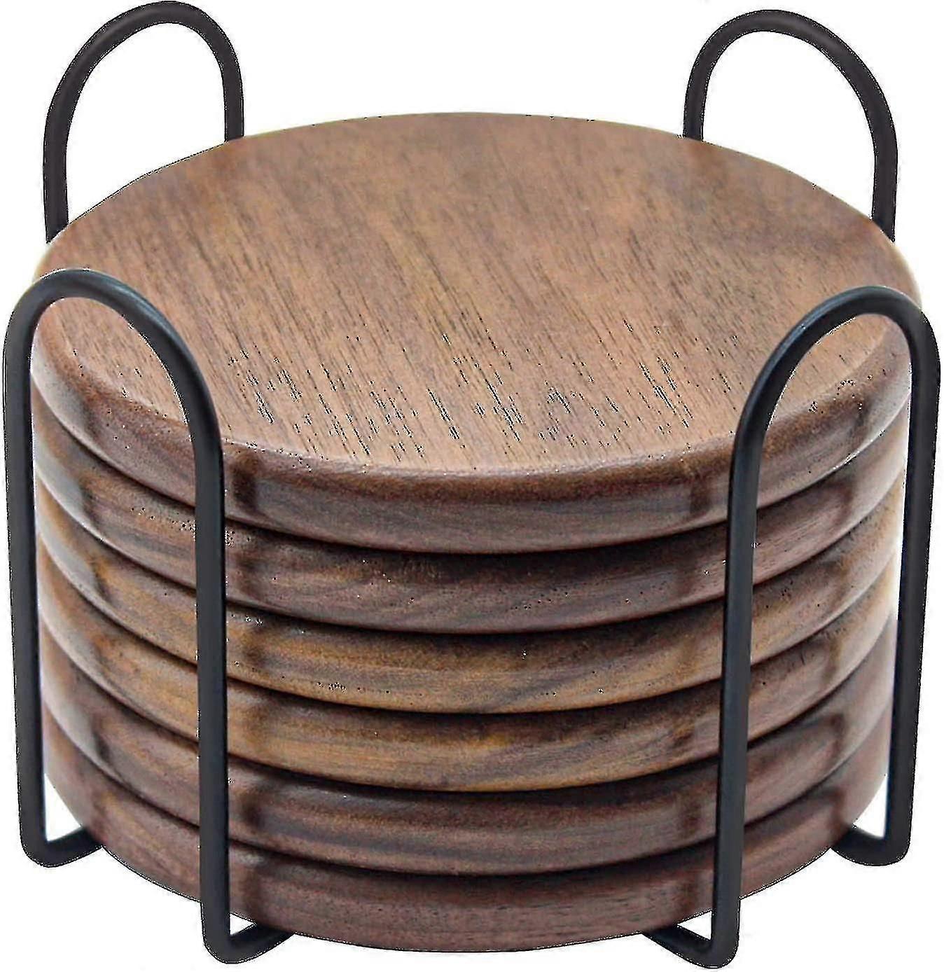 Porta-copos de madeira para bebidas - conjunto de 6 com suporte, nogueira - 4 polegadas para evitar