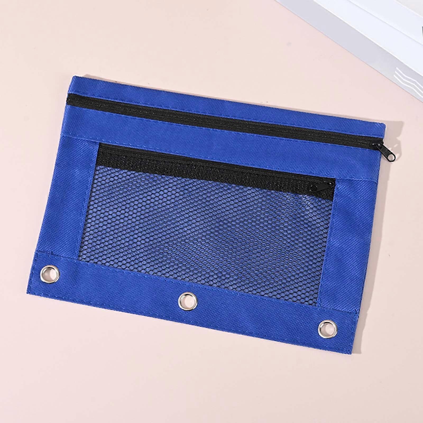 Hwuxmo Three Hole Oxford Cloth Pencil Case Double Layer Mesh Large Capacity Black Zipper Clearance Dark Blue
