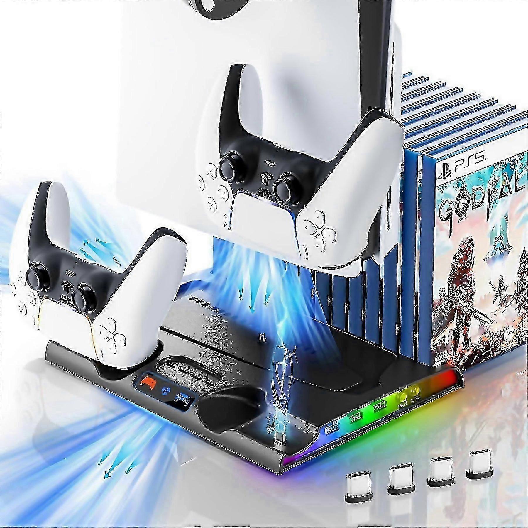 For Ps5 Slim Stand Cooling Station With Controller Charging Station Cooling Fanrgb Ledand Game Easy