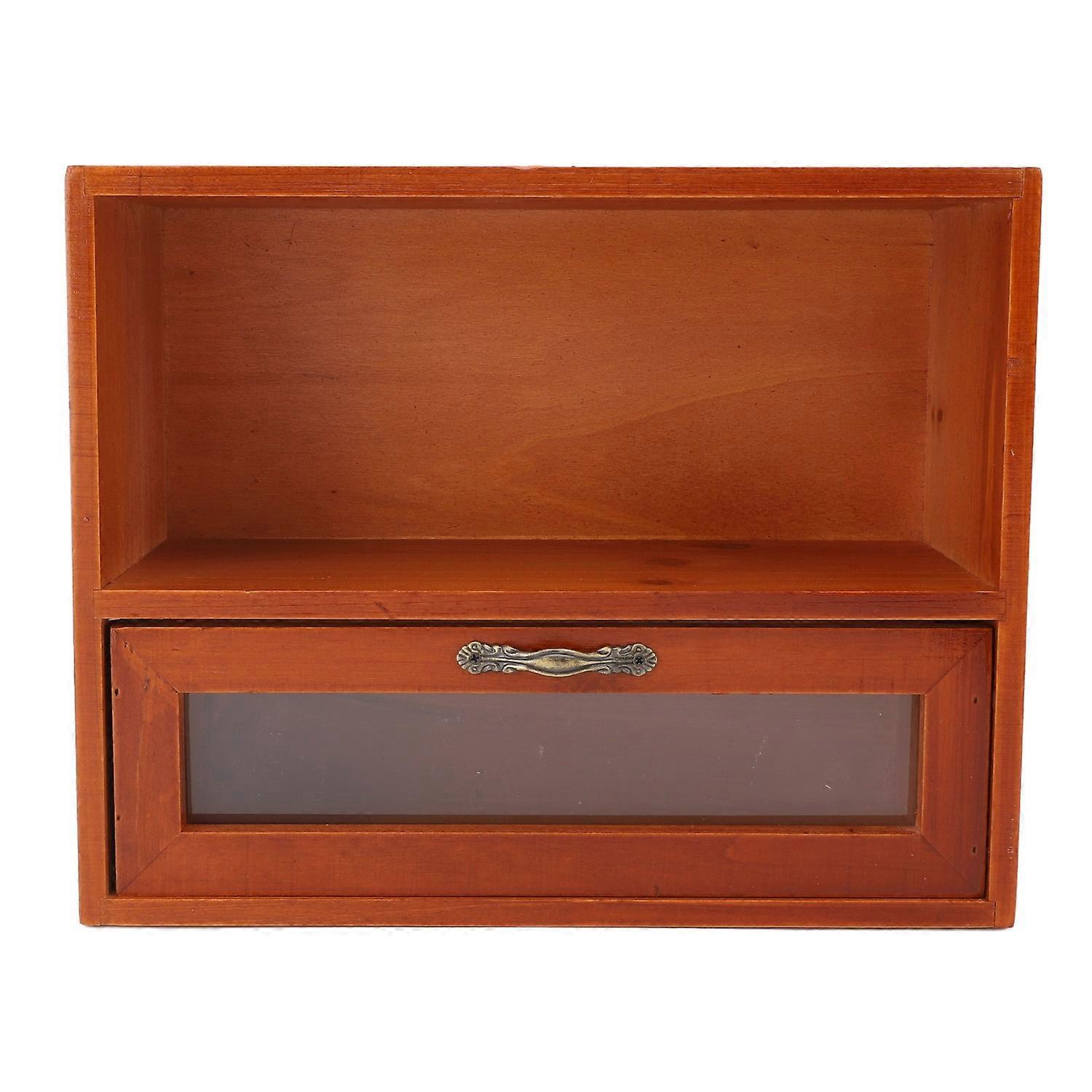 Vintage Tabletop Organizer Solid Wood Desktop Display Cabinet Storage Box with Clear Drawer for Kitc