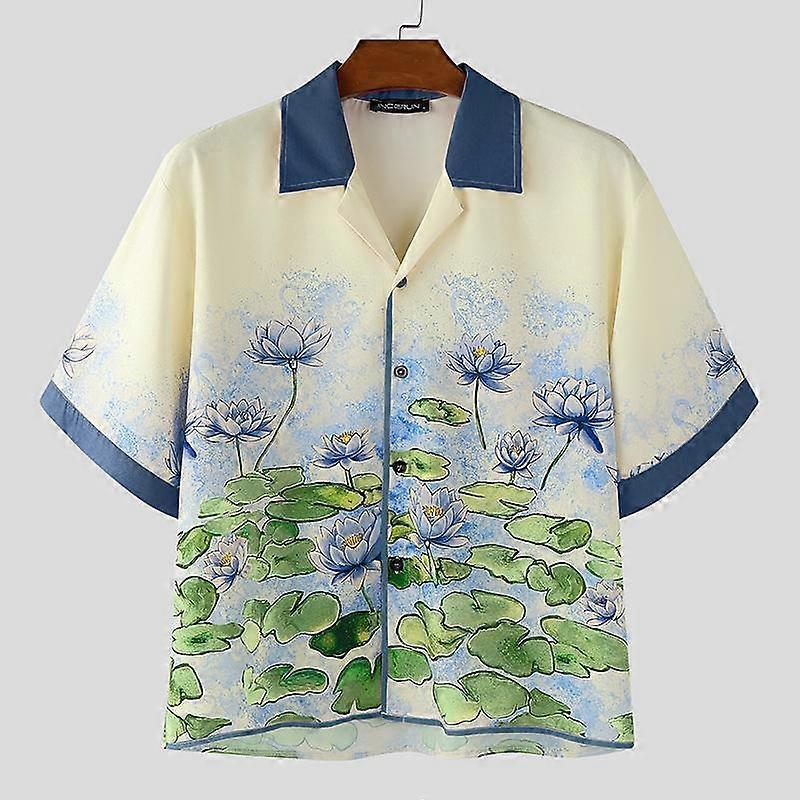 INCERUN Oversized Men Stitching Casual Loose Short Sleeve Print Shirts Tops