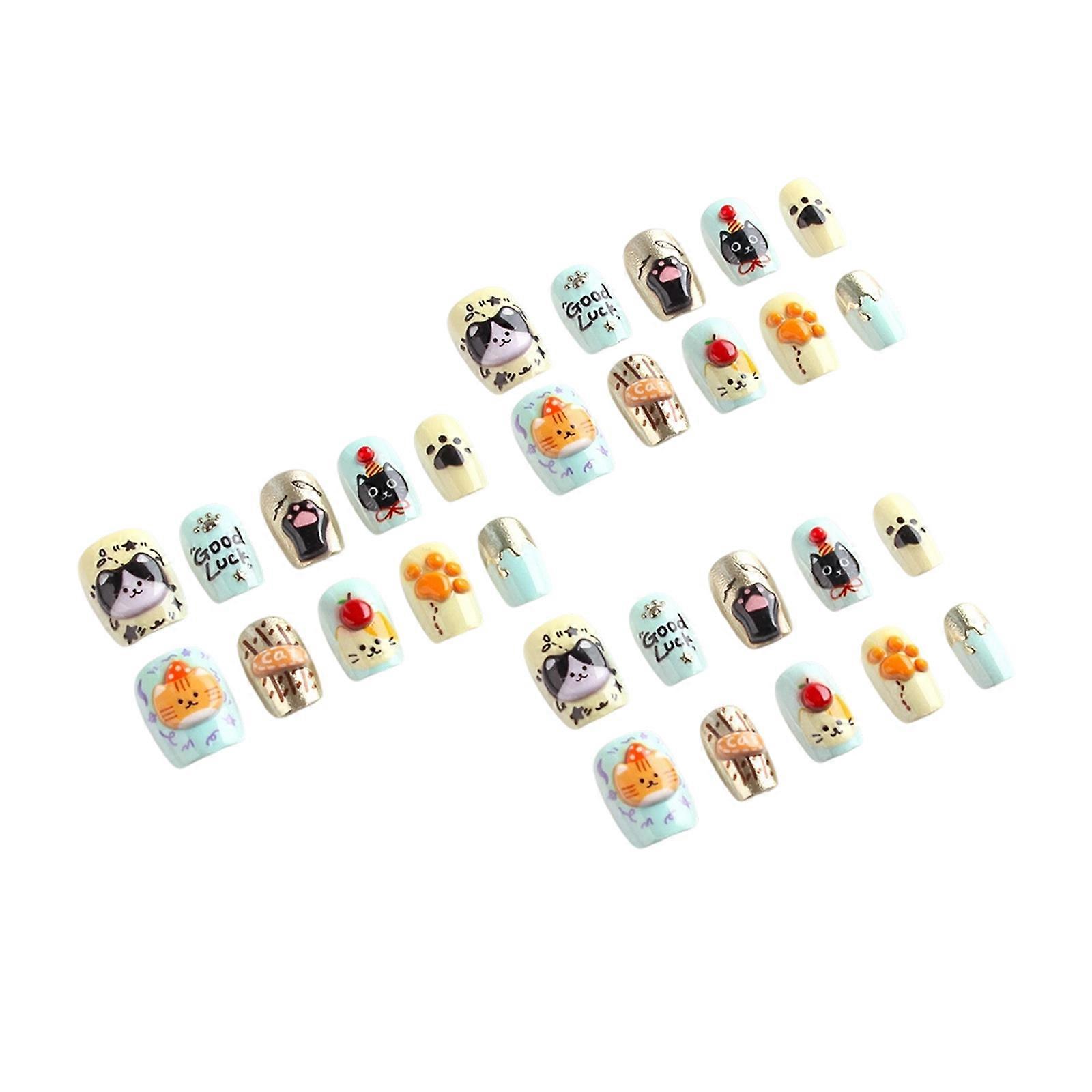 30PCS Whisker Pattern False Nail 3D Raised Kitty Design Comfortable Artificial Nail Quick Stick Application Multicolor