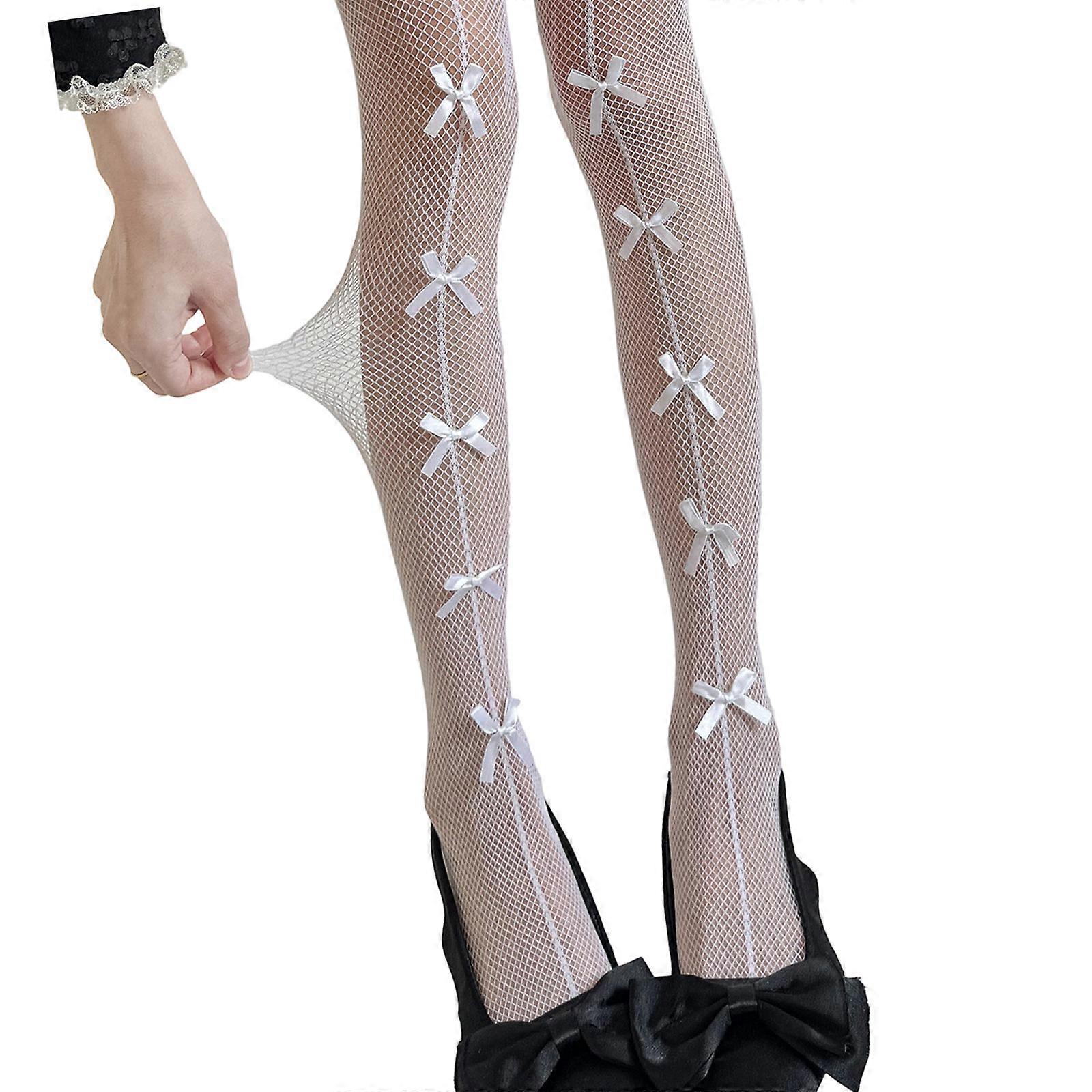 Elegant Fishnet Pattern Tights With Lace Bows Accent Practical Nylon Pantyhose For Daily Wear And Theme Parties  White Os