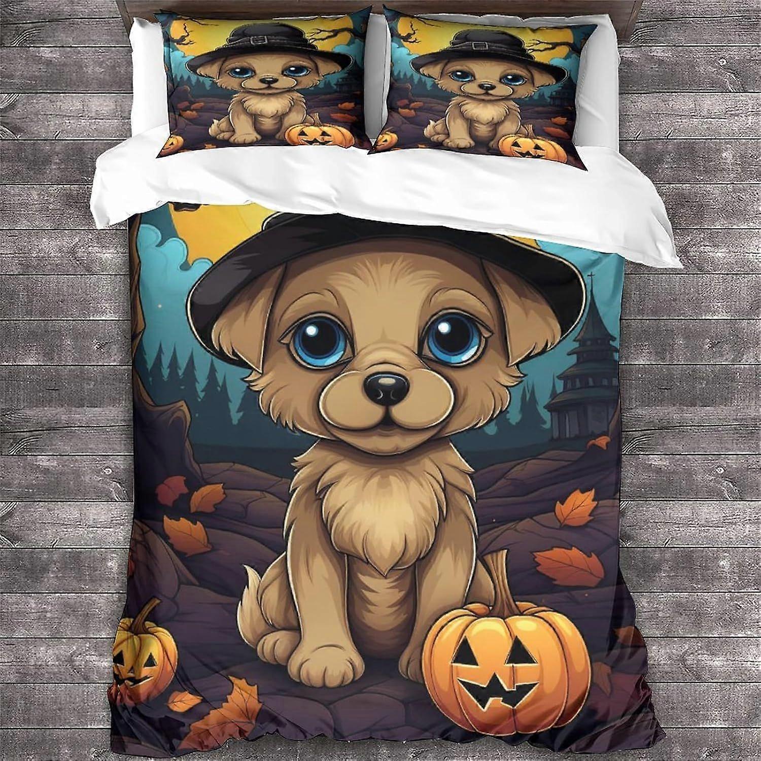 Conjunto de capa de edredom LikeEj com estampa 3D de cachorro para o Halloween, com zíper invisível, em microfibra de poliéster, ideal para adolescentes.