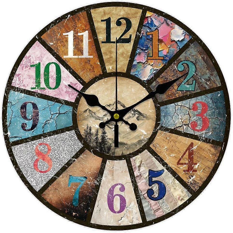 Retro Numbers Wall Vintage Texture Clock Mountains Non-Ticking Clock 12 Inch Round Decorative Clocks Printed Wall Clocks for Home Office Decoration