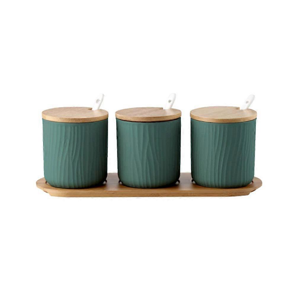 Ceramic Spice Jars with Lids, White Kitchen Containers Set, Countertop Organizer, Green Tray