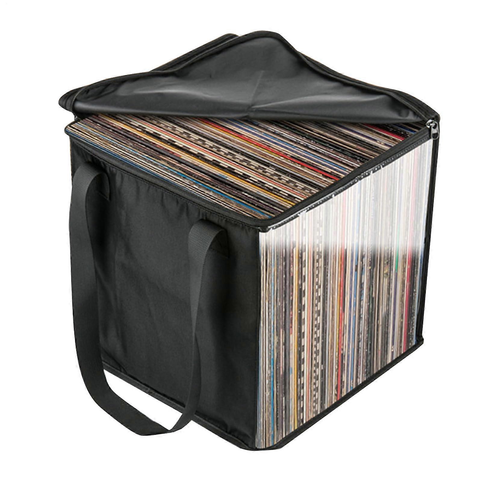 12 Inch Vinyl Record Storage Bag with Dustproof Lid, Clear Window, Portable Handles, Holds 50 LPs