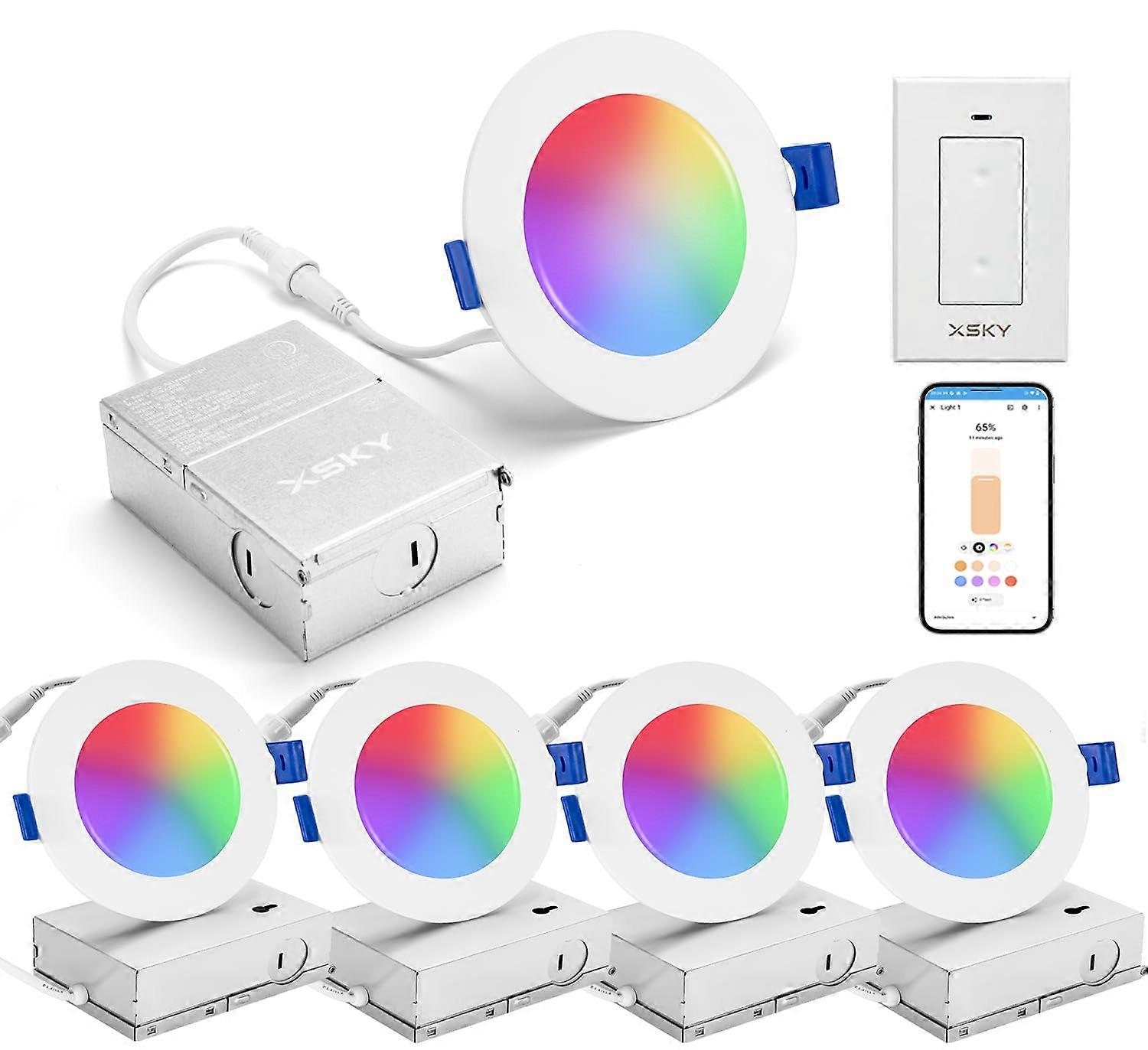 Smart Recessed Lighting 4 Inch RGBCW Zigbee 3.0 Downlights Alexa Voice Control 16M Colors 4 Pack