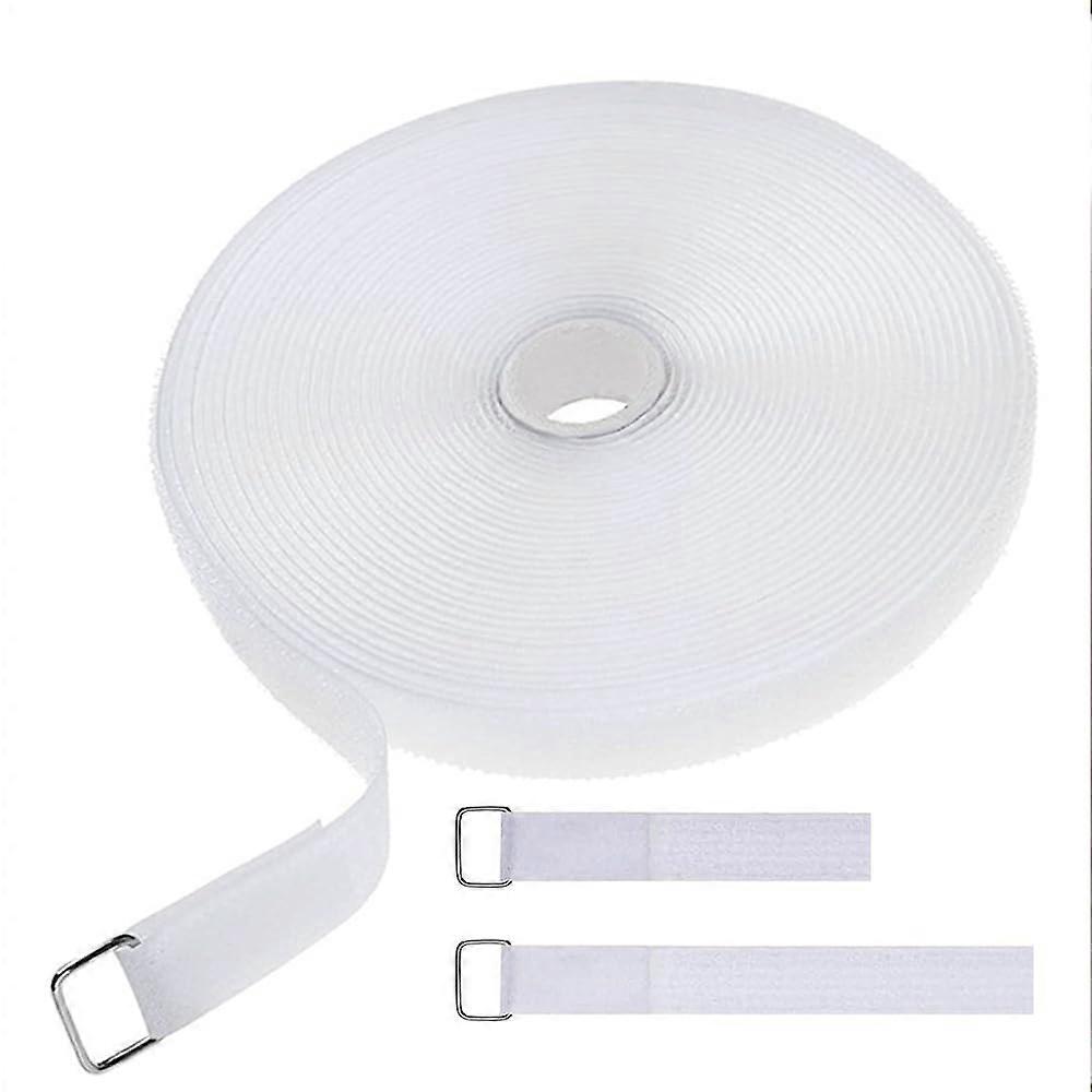 Cable Straps 39ft White Hook and Loop Roll with 50 Metal Buckles for Adjustable Cable Management