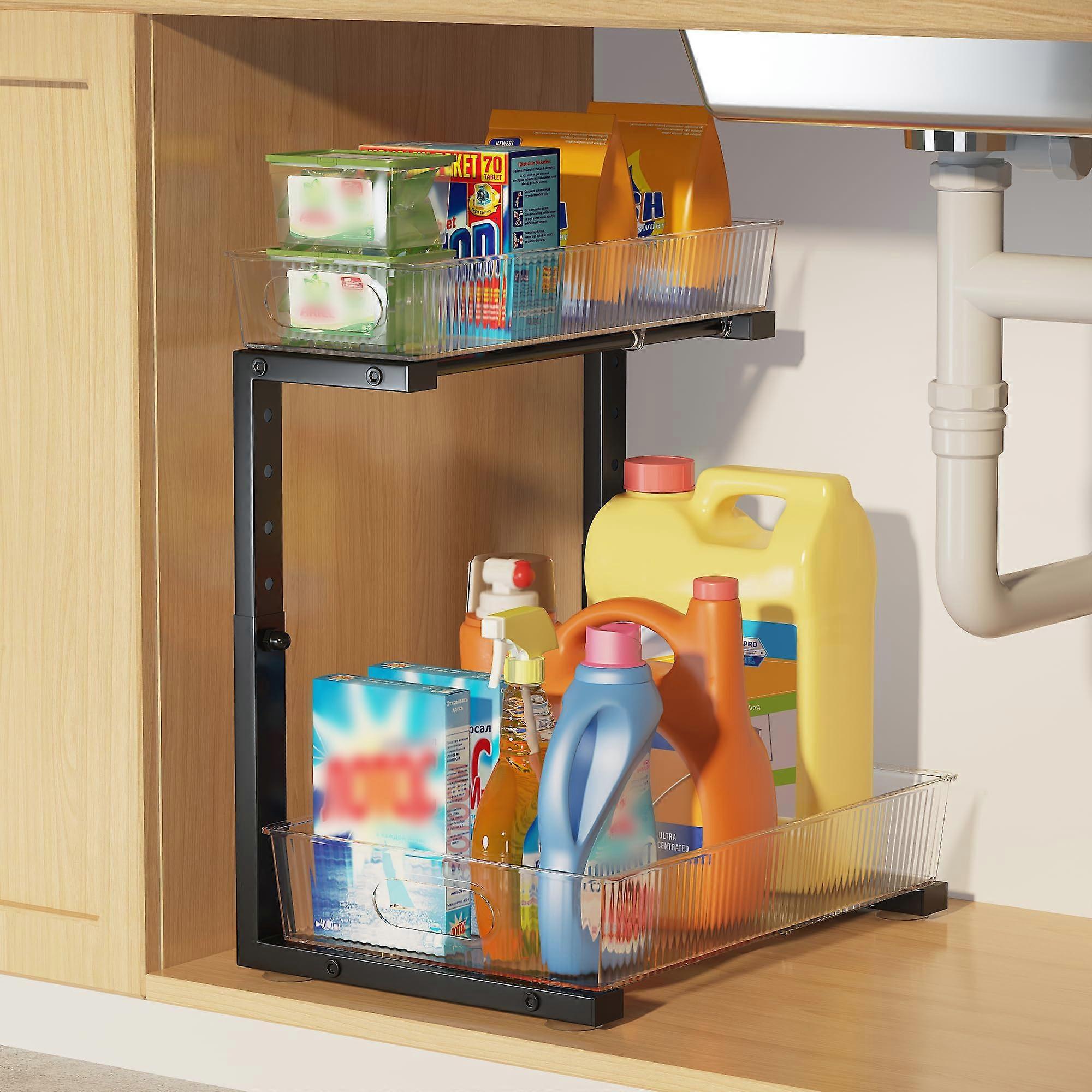 Under Sink Organizer with Adjustable Height, TwoTier Pull Out Cabinet Storage, LShaped Black Frame for Kitchen Bathroom