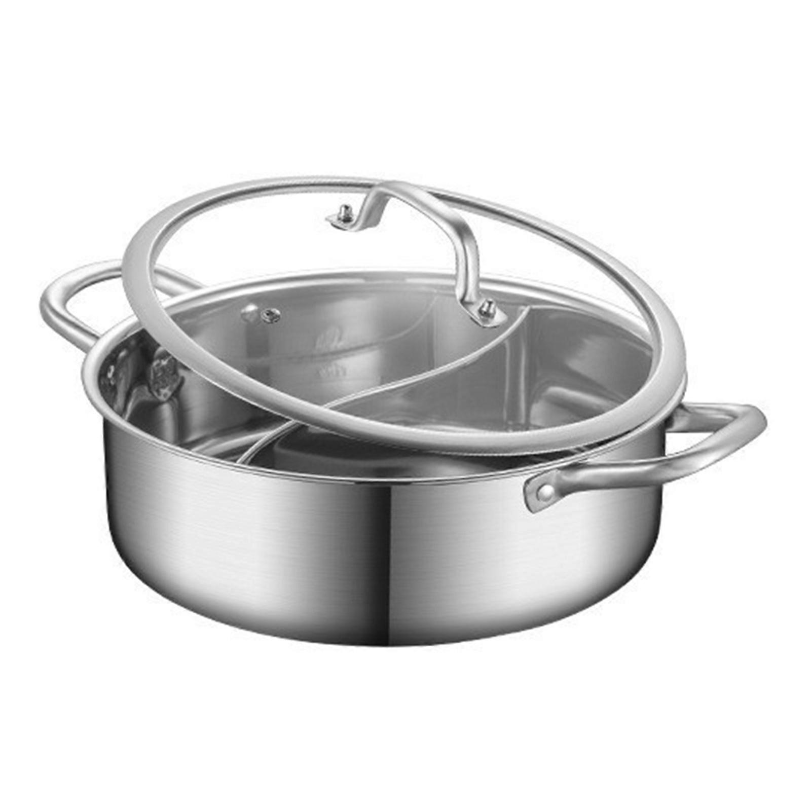 Stainless Steels Cooking Pot with Clear Glass Lid and Handle Double Sided Divider Shabu Shabu Pot for Secure Handling Multicolor
