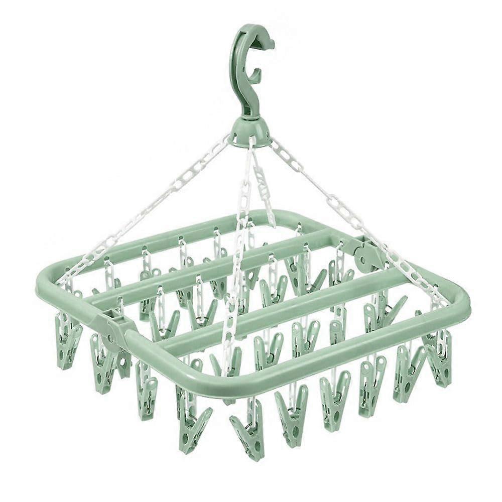 Foldable Sock Drying Hanger with 32 Clips, Windproof Laundry Rack for Socks and Underwear, Green