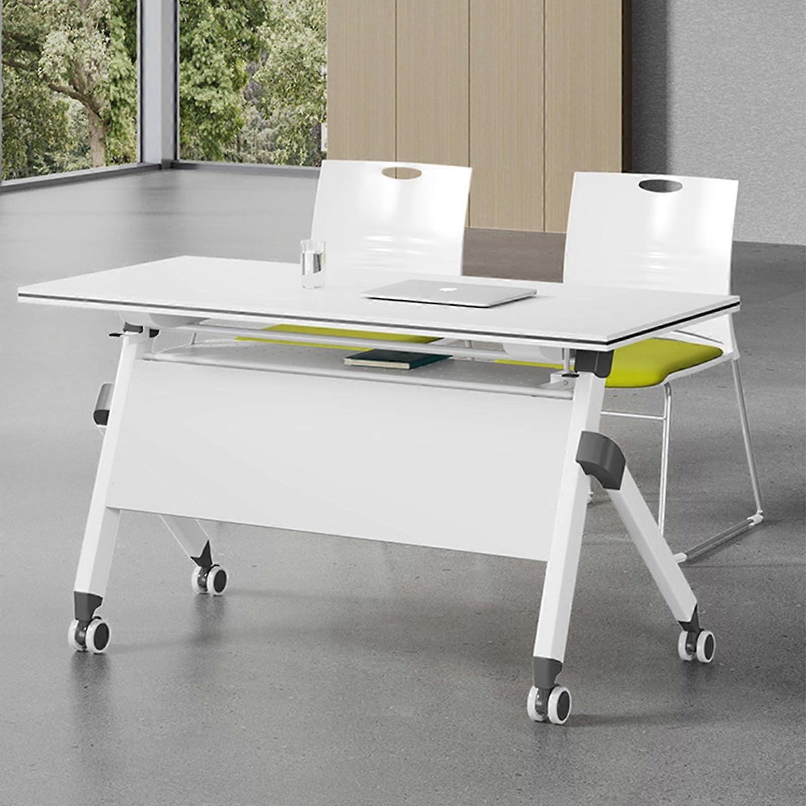 Modern Folding Conference Table with Lockable Wheels, Flip  Training Table for Office and Classroom, White Finish