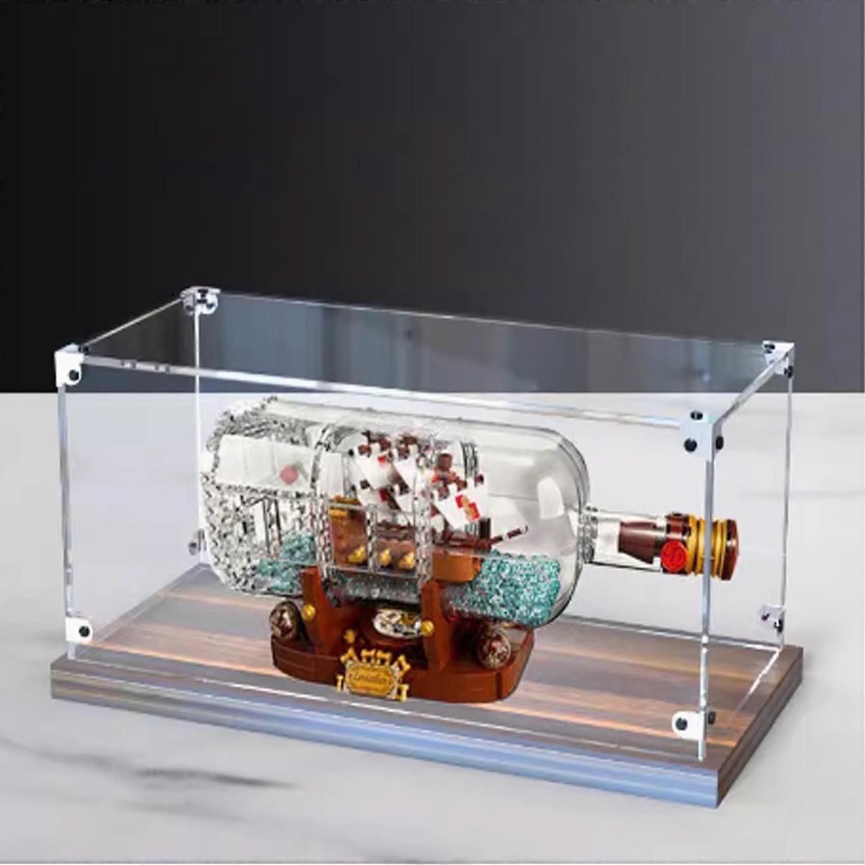 Acrylic Display Case Compatible with  21313  in a Bottle, Dustproof Clear Box with Walnut Base