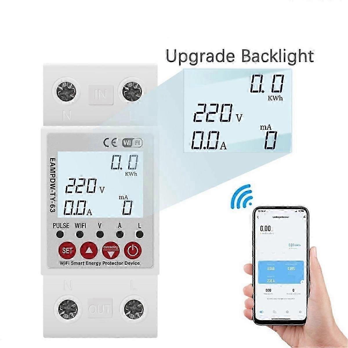 2P 63A TUYA WiFi Smart Protector Relay Device Switch Breaker