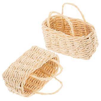 2pcs Cesta de Miniatura de Casa de Bonecas Tecida Escala 1:12 para Cenas de Casa de Bonecas e Acessórios de Jardim de Fadas Mini Cestas de Ráfia com Alças para Decoração de Armazenamento