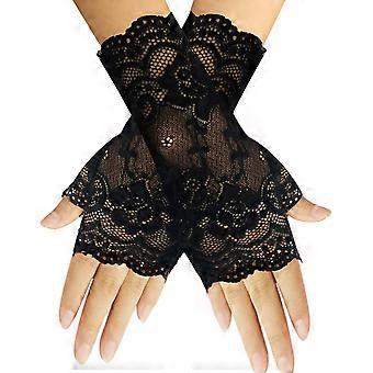 Kurze Damen-Spitzenhandschuhe, Sonnenschutz, fingerlos, Brauthandschuhe, Handgelenkhandschuhe, Opern-Abendhandschuhe, Hochzeiten, Teepartys, Abschlussbälle, Cosplay, 1920er Jahre, Schwarz