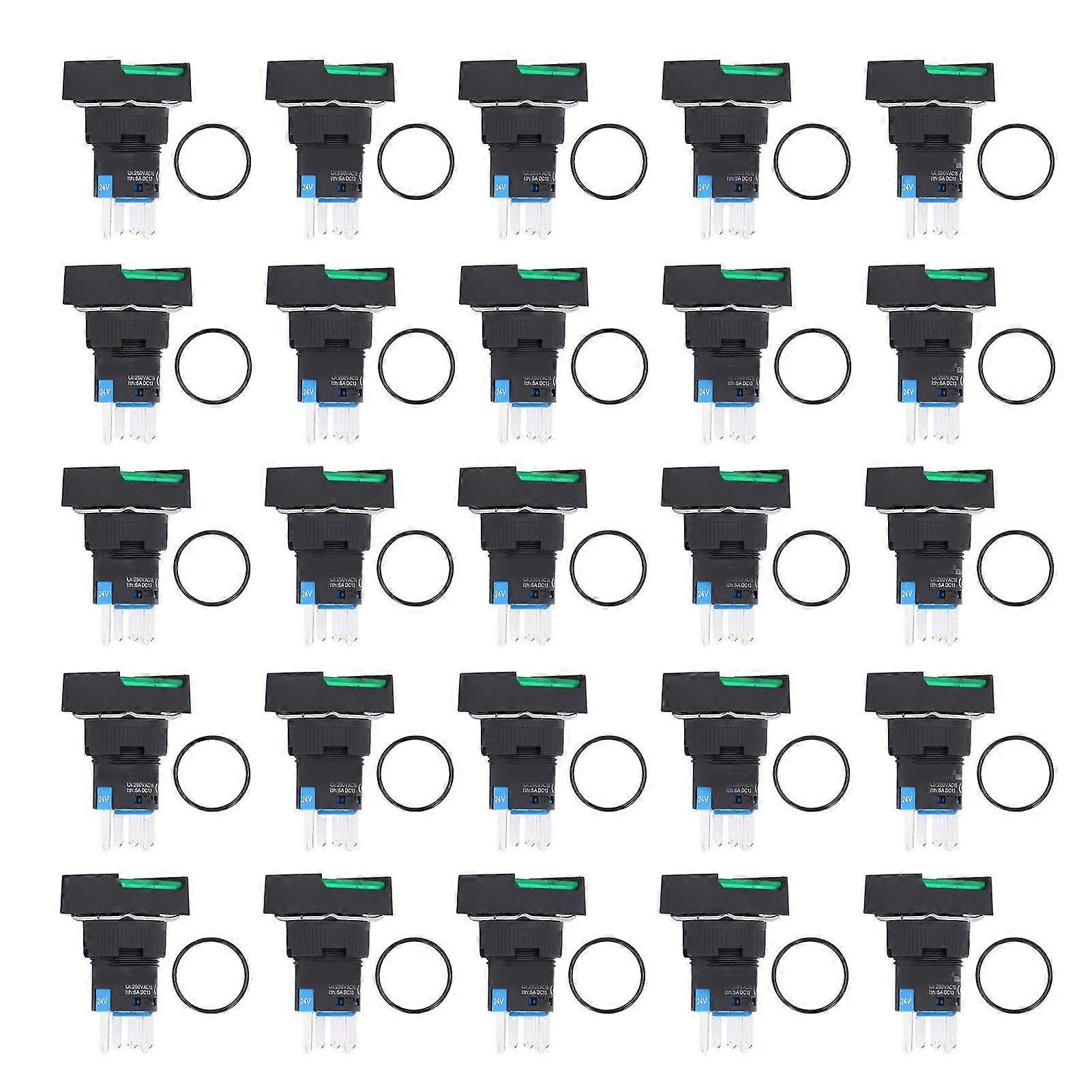 25Pcs Push Button Switch Self Locking Momentary 16mm Square with Light Set Kit 24VGreen