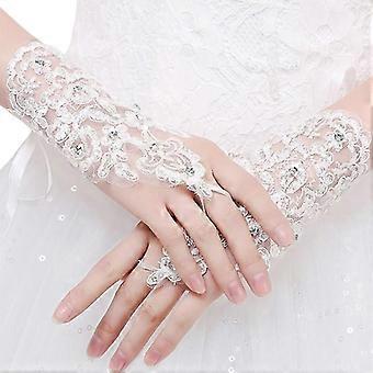Frauen Hochzeit Prom Party Spitze Handschuhe kurze Handgelenk Länge Kristall Perlen Fäustlinge