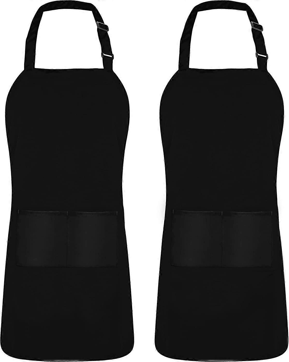 Adjustable bib apron with 2 pockets - Adjustable neck strap with extra long ties (Black)